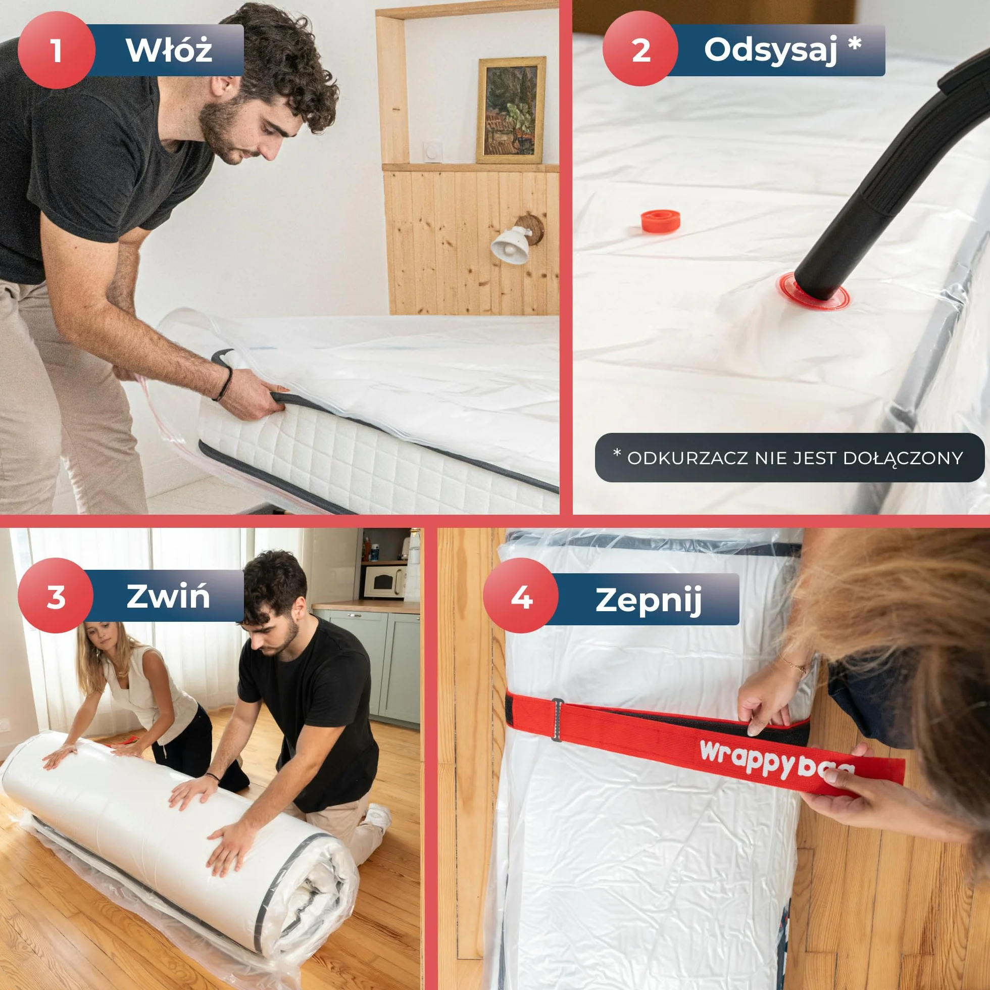 Wrappybag – Worek Próżniowy na Materac do Przeprowadzki 70x140cm – Kompletny Zestaw Wodoodpornego Pokrowca Próżniowego z Klipsami, Paskami na Rzep – Kompatybilny ze Wszystkimi Rozmiarami, Odkurzaczami
