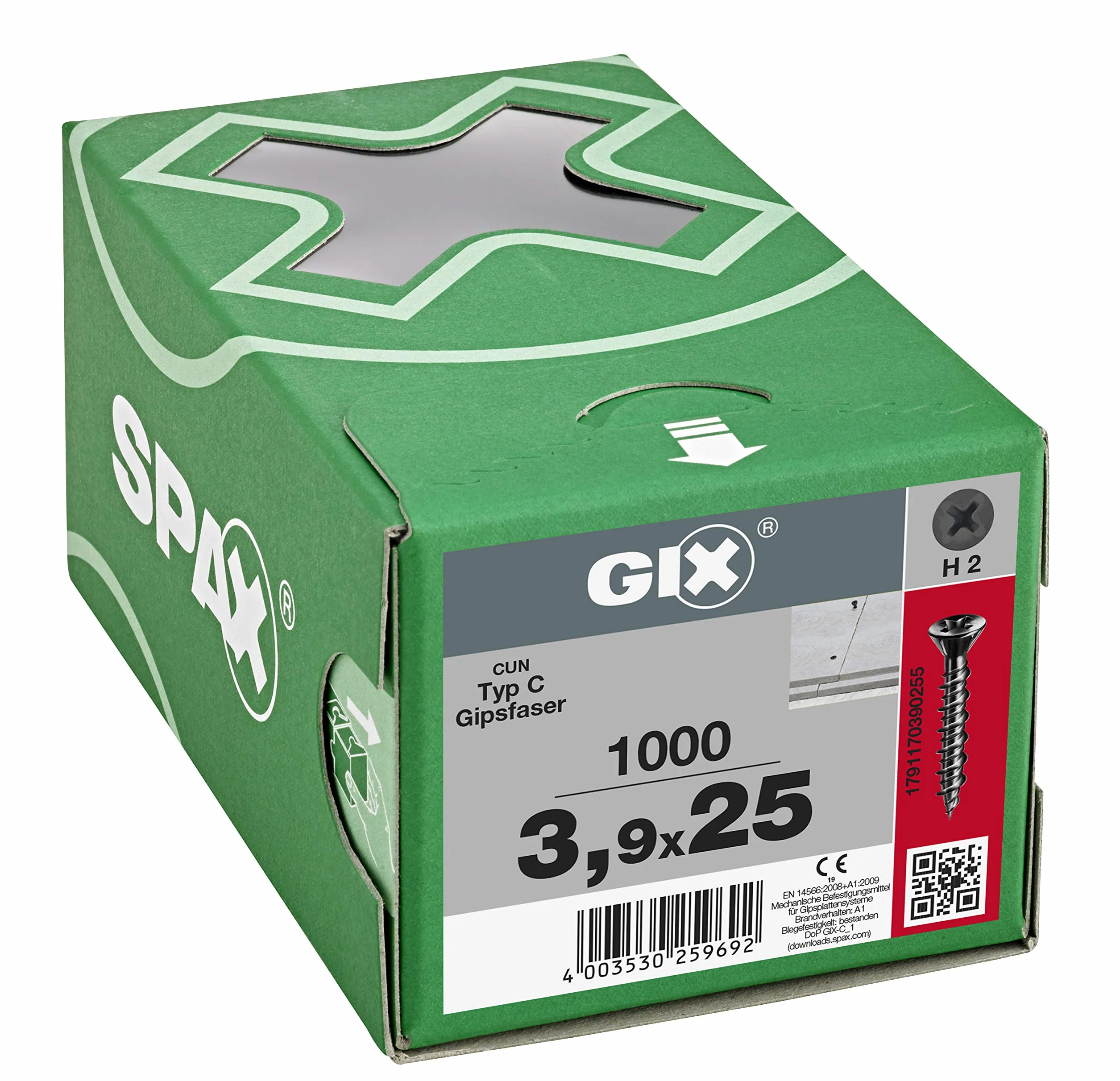 SPAX GIX-C 1791170390255 wkręty do szybkiego montażu 3,9 x 25 mm, gwint HiLo, 1000 sztuk, mała głowica frezująca, rowek krzyżowy H2, śruby do płyt gipsowo-kartonowych i elementów suchej jastrychu
