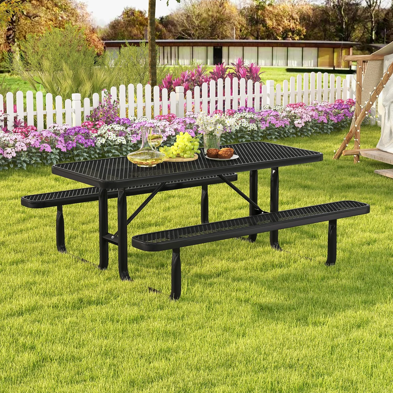 COSTWAY Zestaw do namiotu piwnego 184 cm, z powlekanego metalu, odporny na warunki atmosferyczne stół piwny z 2 ławkami, zestaw do siedzenia dla 8 osób, do ogrodu, na taras, czarny