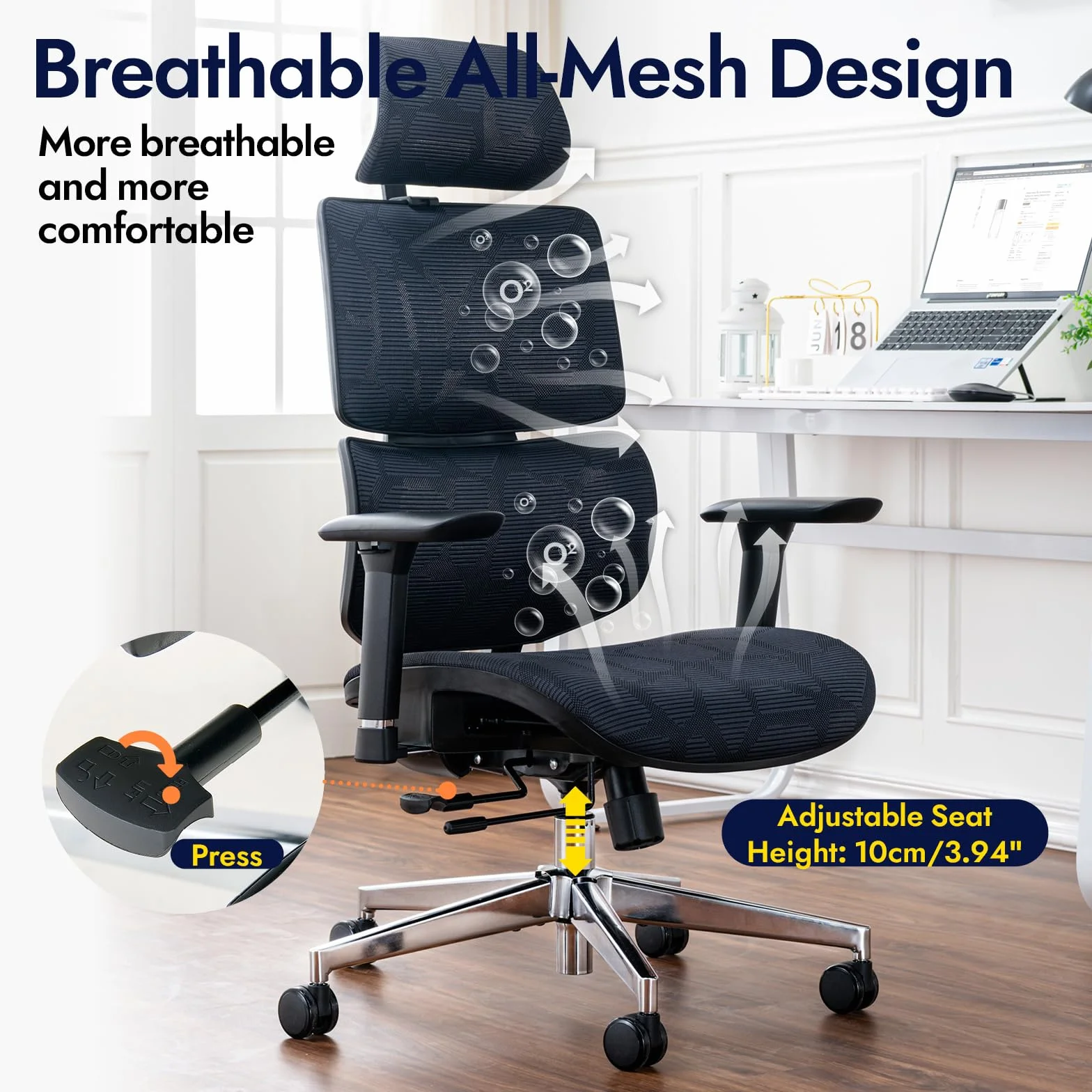 Ergonomiczne krzesło biurowe, ALL-Mesh wysokie oparcie, domowe krzesło biurowe, podparcie lędźwiowe, fotel gamingowy, regulowane podłokietniki i zagłówek 3D, duże i wysokie obrotowe krzesło