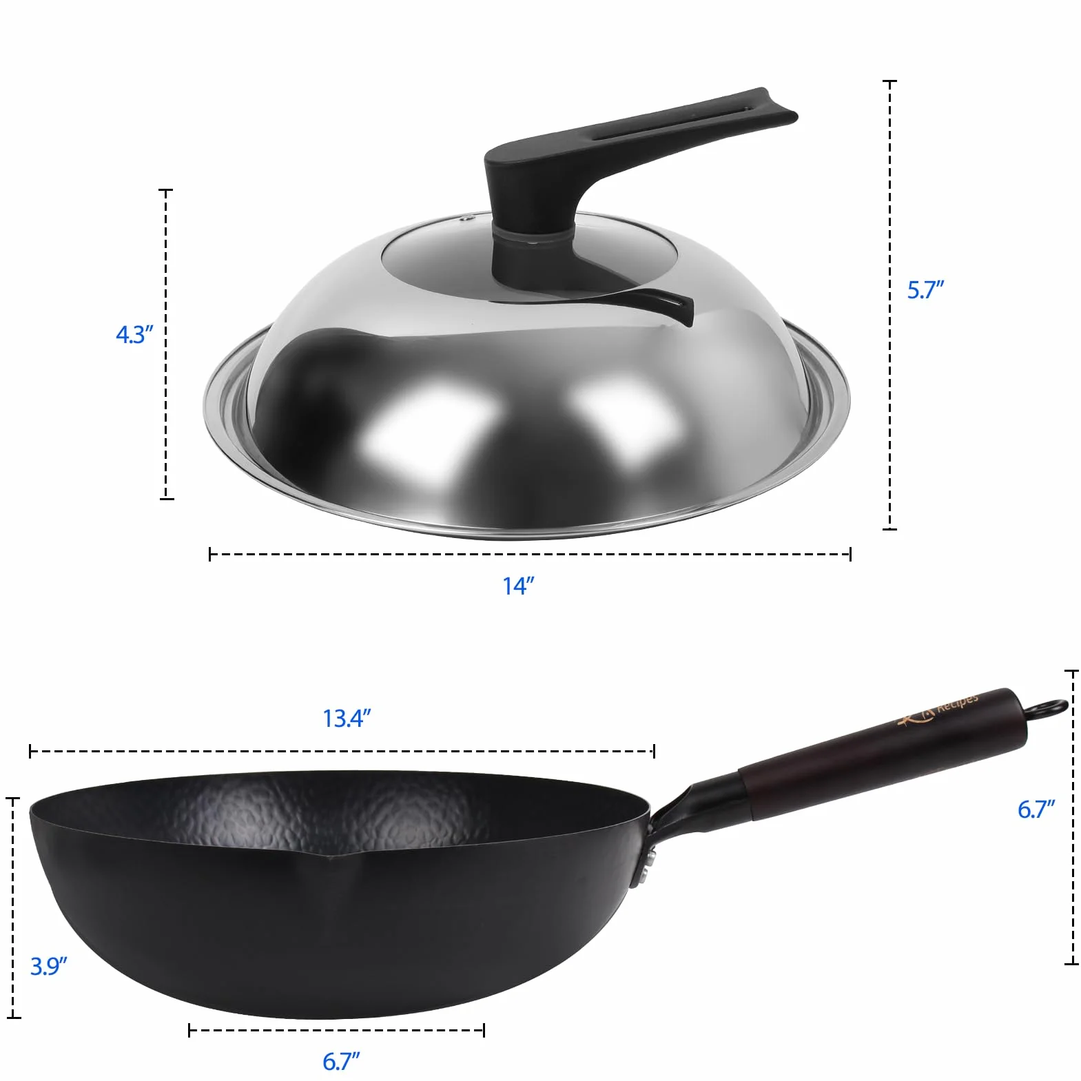 Souped Up Recipes Patelnia typu wok 34 cm/7 l, chińska patelnia ze stali węglowej, do kuchenek elektrycznych, indukcyjnych, kuchenek gazowych (pokrywka, szpatułka i instrukcja obsługi w zestawie)