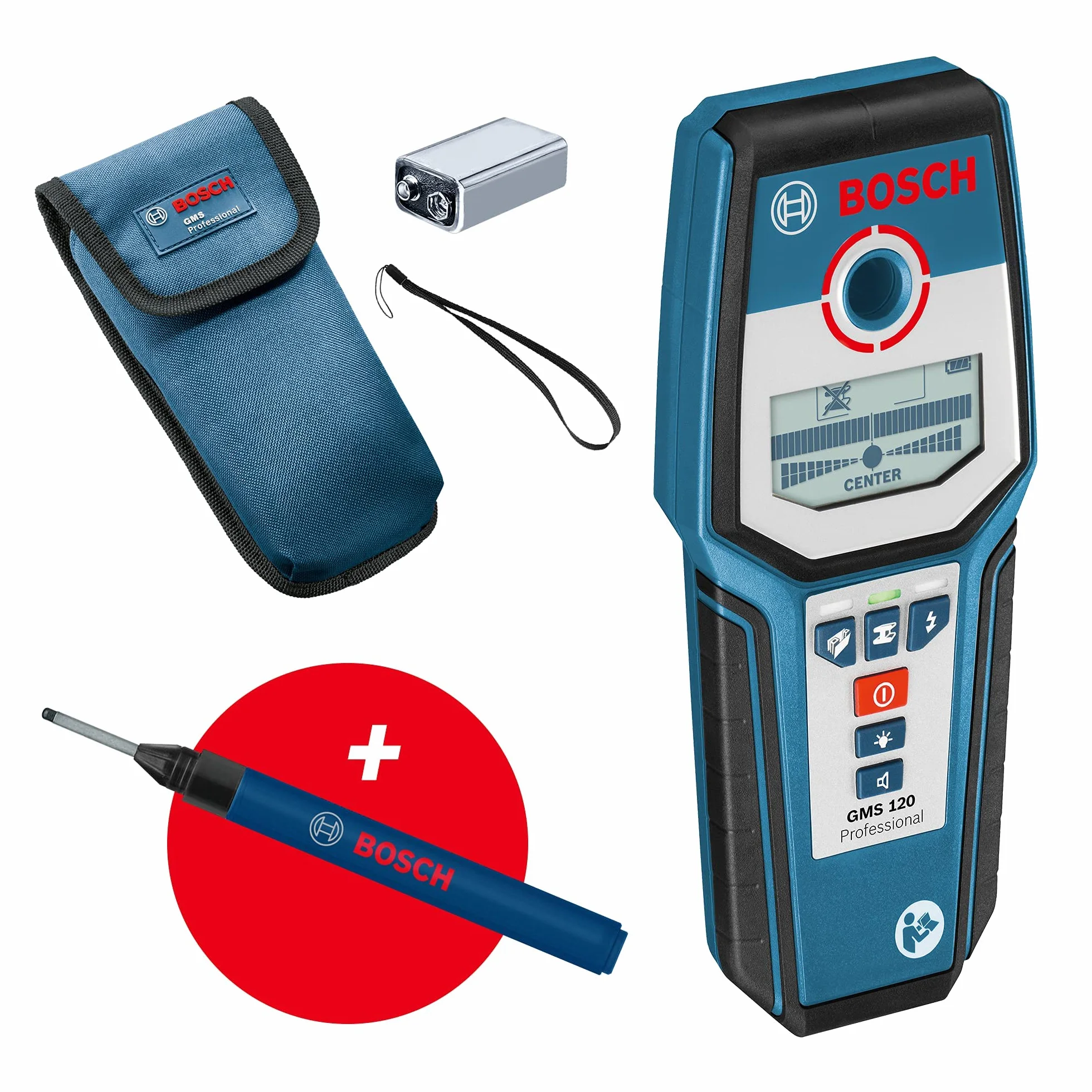Bosch Professional Detektor GMS 120 (Marker, maks. głębokość detekcji drewno/metale magnetycznie/metale niemagnetyczne/przewody pod napięciem: 38/120/80/50 mm)– Amazon Exclusive Set