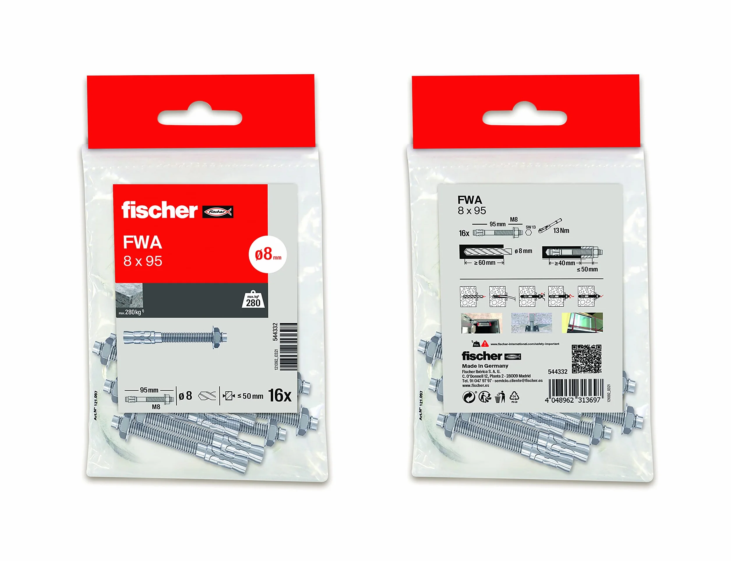 fischer - Metalowe kołki kotwiące rozszerzenie do betonu, śruby kotwica rozprężna, torba 16 sztuk FWA 8x95