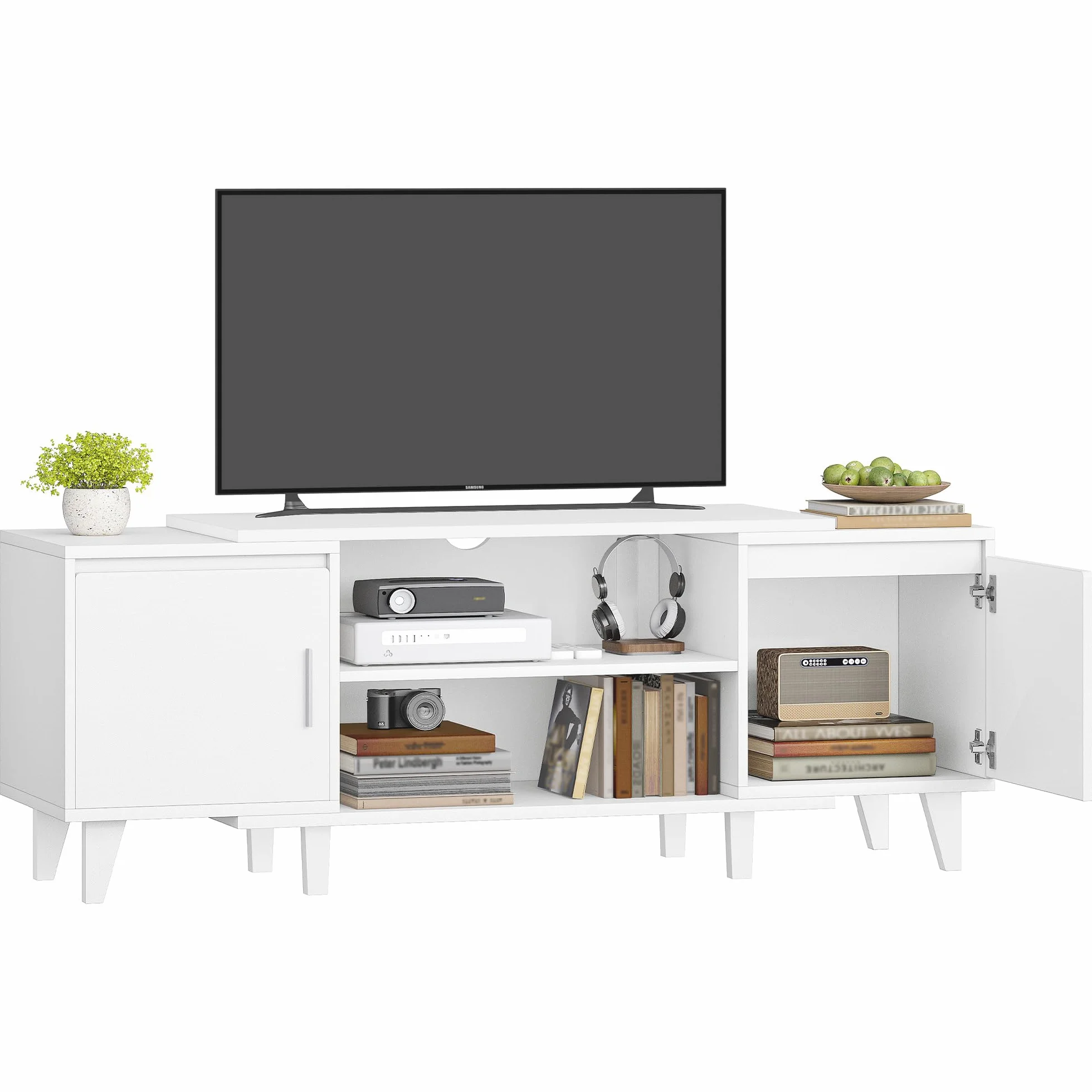 Hzuaneri Stolik pod telewizor, stolik pod telewizor, odpowiedni do telewizorów poniżej 44,5 cm Stolik pod telewizor z 2 szafkami i 2 otwartymi przestrzeniami, 40 x 140 x 51,5 cm, Biały