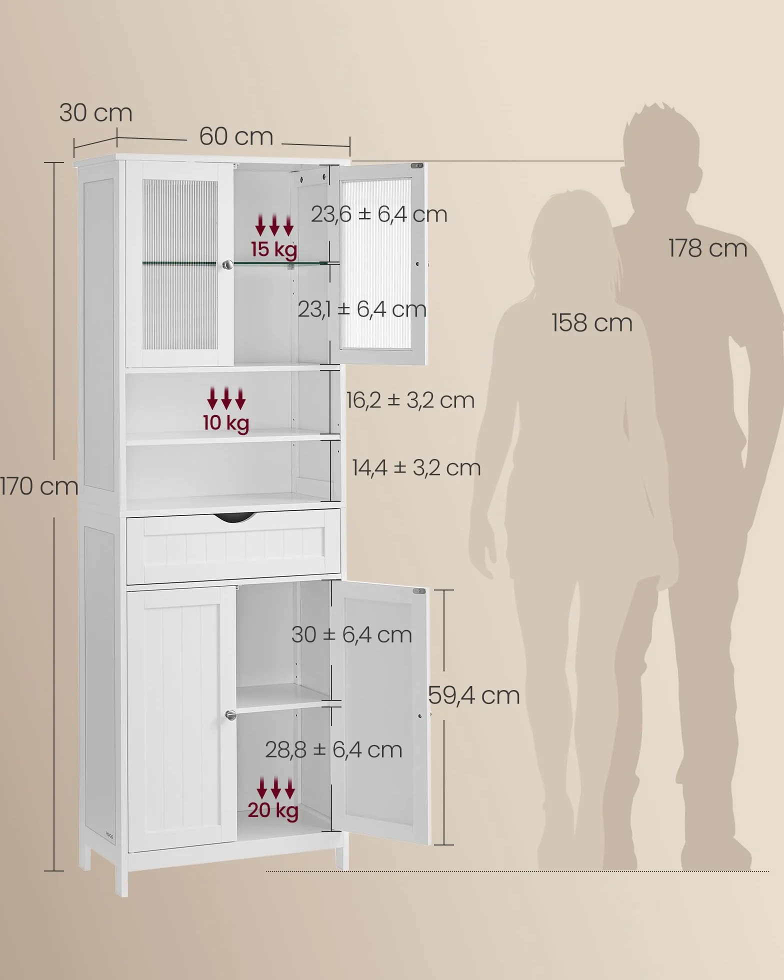 VASAGLE Szafka do przechowywania z oświetleniem, szafka łazienkowa z regulowanymi półkami, szuflada, otwarte przegródki, do łazienki, salonu, jadalni, biała chmura BBC767W03