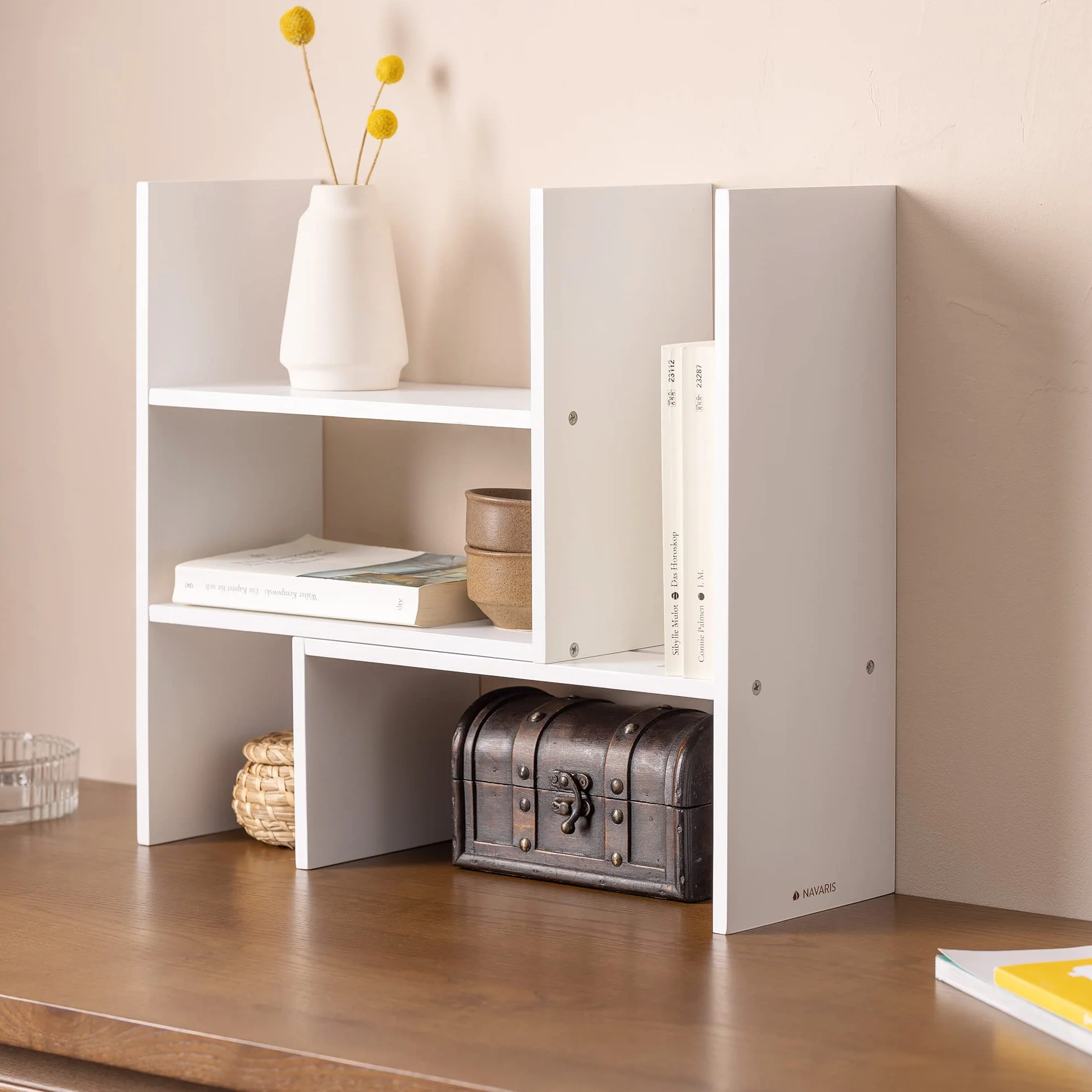 Navaris Bambusowy organizer na biurko, 64 x 15,5 x 40 cm, regulowany system porządkowania – regał narożny do kuchni, biura, łazienki, nadstawka regału – biały
