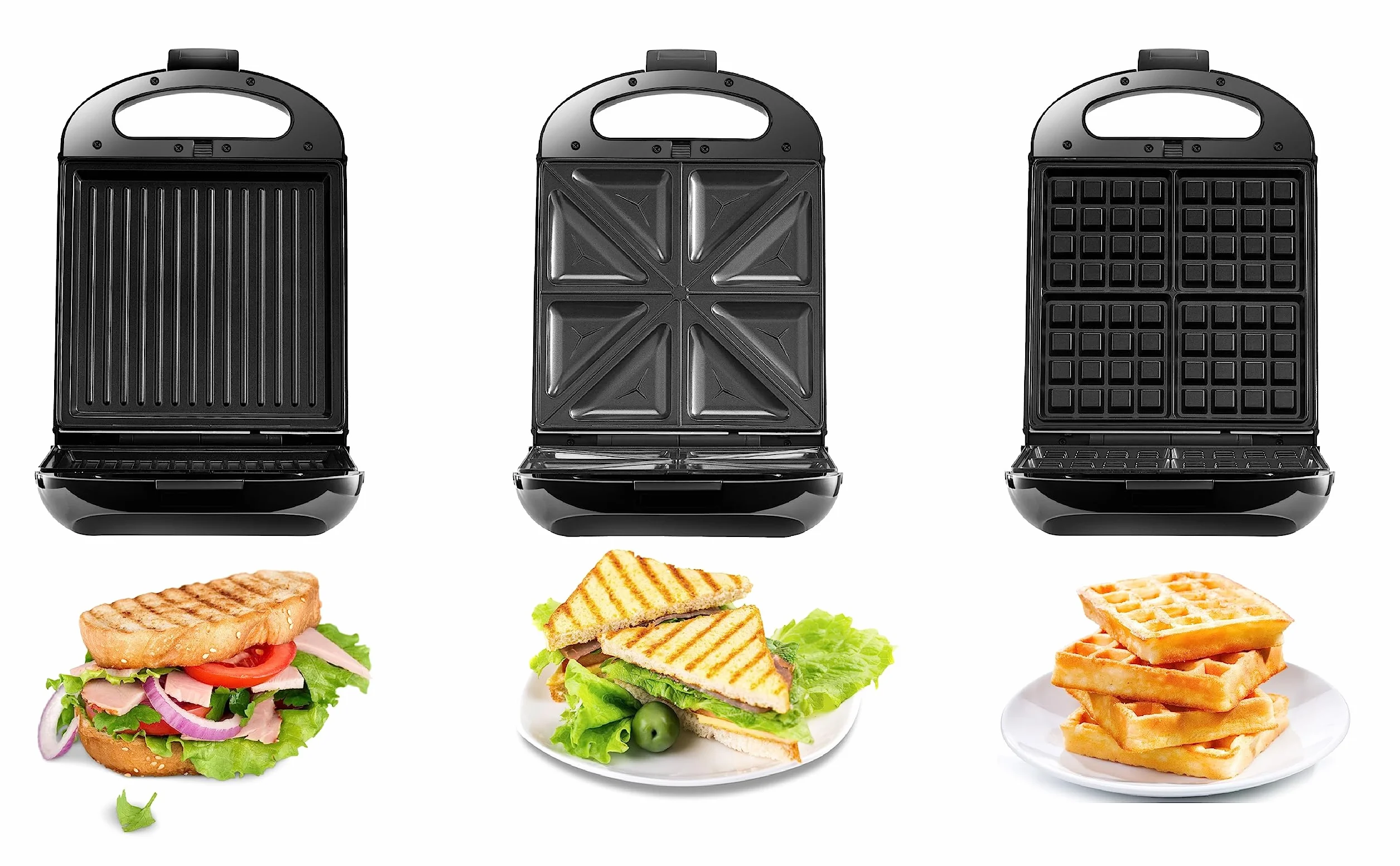 Steinborg 3 w 1 Opiekacz do Kanapek XXL | 3 Wymienne Płyty | 1200 W | Grill Kontaktowy Wielofunkcyjny | Gofrownica | Elektryczny 4-Częściowy, Srebrny/Czarny