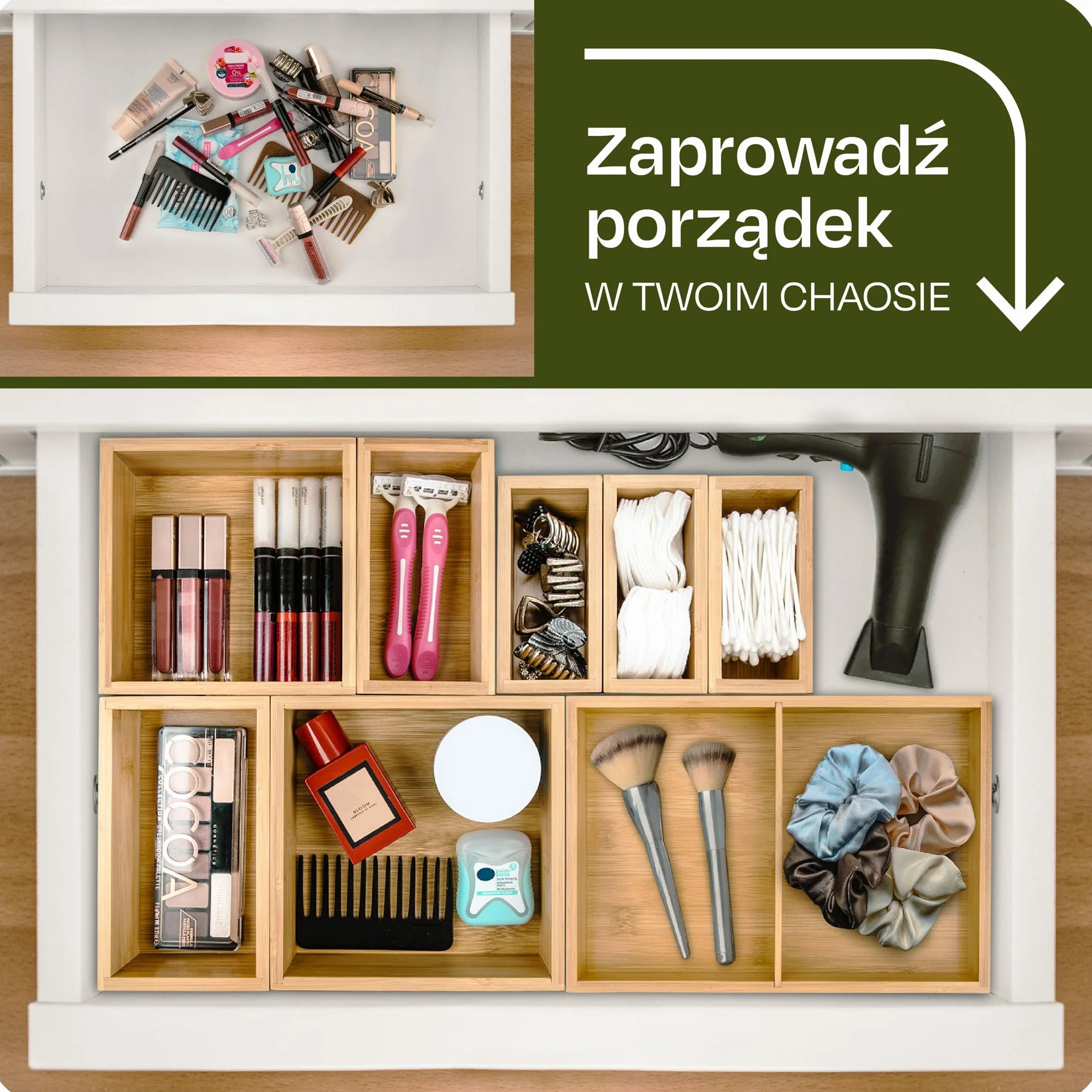 Zestaw 8 pudełek na organizery do szuflad - Wykonane z drewna bambusowego FSC - Z podkładkami antypoślizgowymi