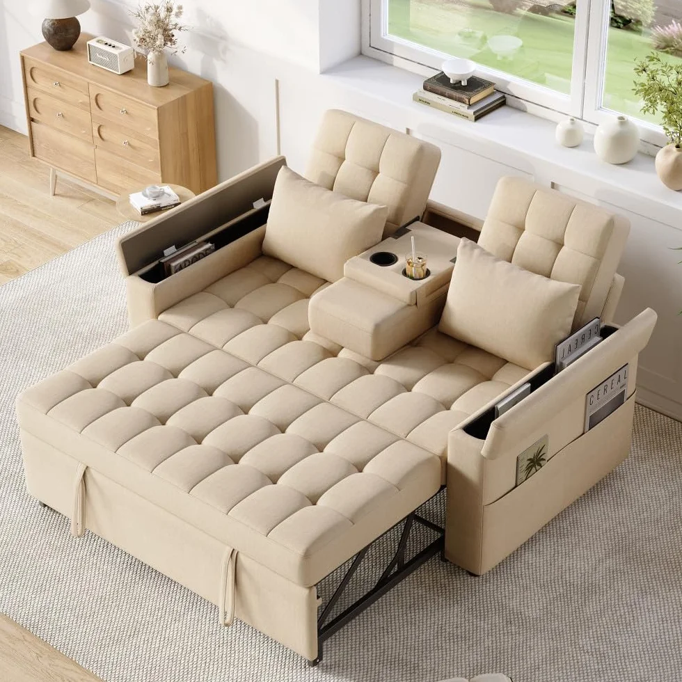 Sofa rozkładana, 2-osobowa, wielofunkcyjna sofa z funkcją spania, wykonana z aksamitu, z poduszką i uchwytem na napoje, do salonu i małych mieszkań (beżowa + bawełna len + 2 siedzenia)