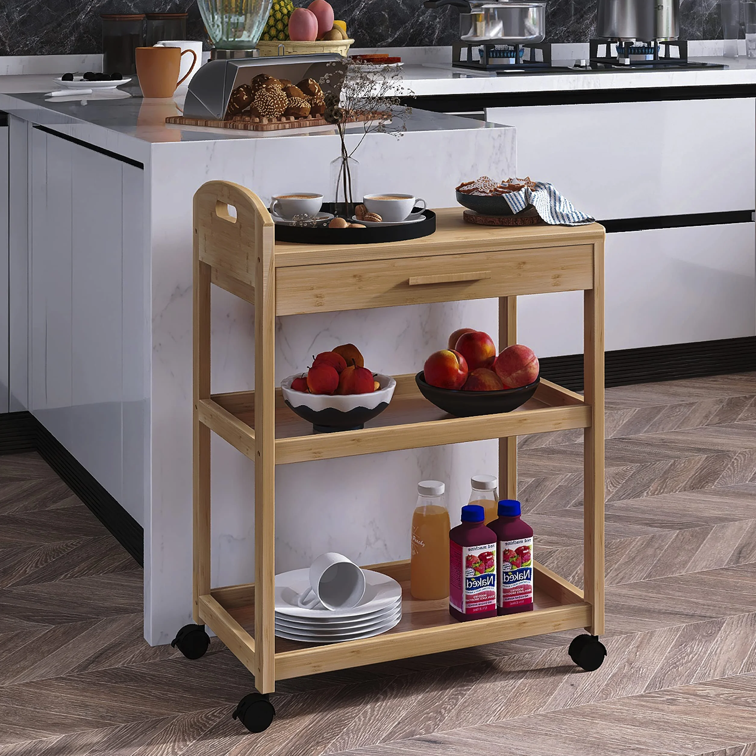 SMIBUY Kitchen Island wózek na kółkach, z szufladą do przechowywania i półkami, bambusowy, 3-poziomowy, z blatem z litego drewna i zamykanymi kółkami (naturalny)