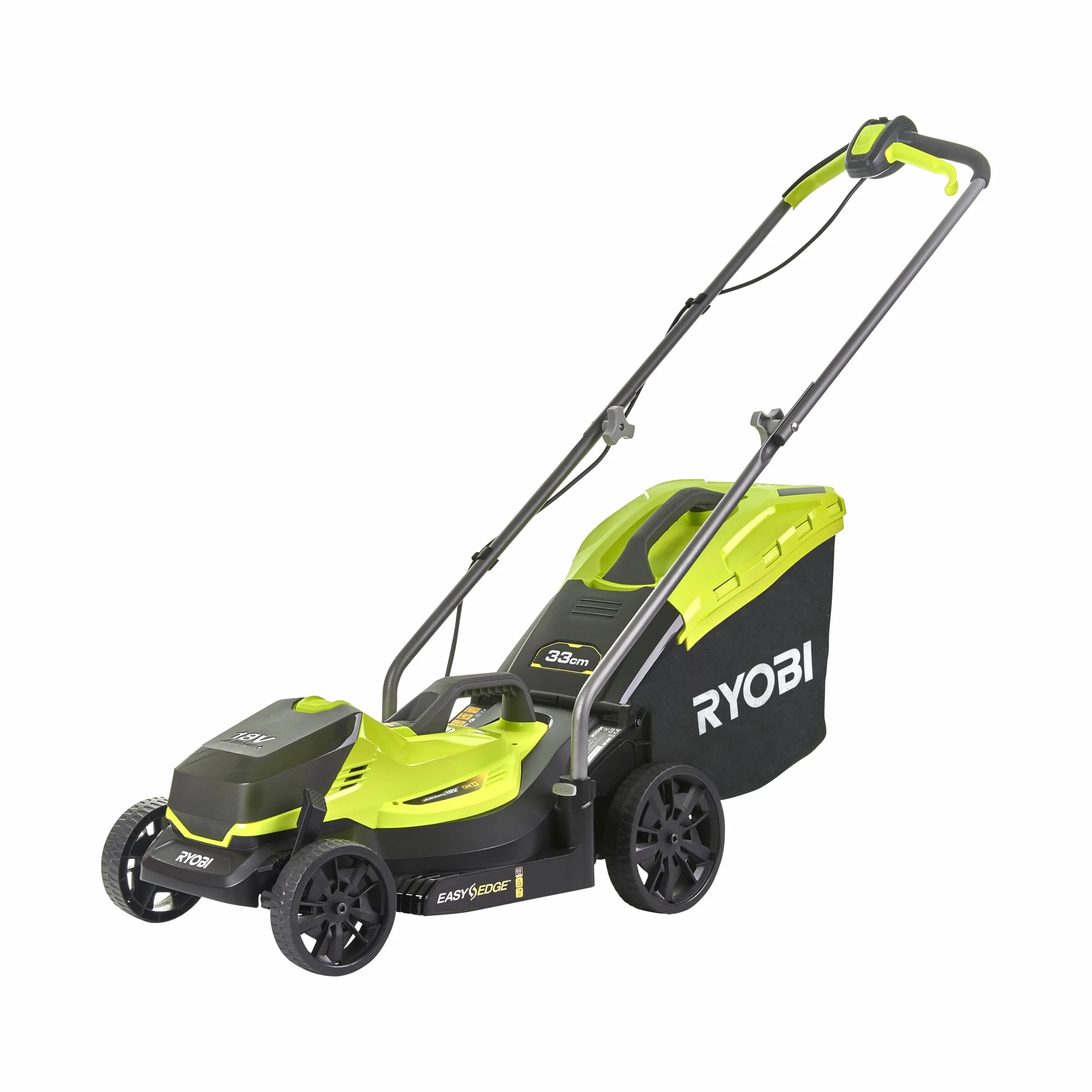 Ryobi Bezprzewodowa Kosiarka 18 V, OLM1833B, Szerokość Koszenia 33 cm, 5-Stopniowa Regulacja Wysokości Koszenia, od 25 mm do 65 mm, Kosz na Trawę 35 L, Wersja bez Akumulatora i Ładowarki
