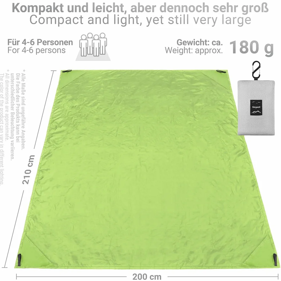 Siegvoll Koc piknikowy 210 x 200 cm, z praktycznym karabińczykiem, ultralekki, ultra cienki, przenośny koc plażowy, koc outdoorowy na plażę, piknik, kemping i wędrówki (zielony)