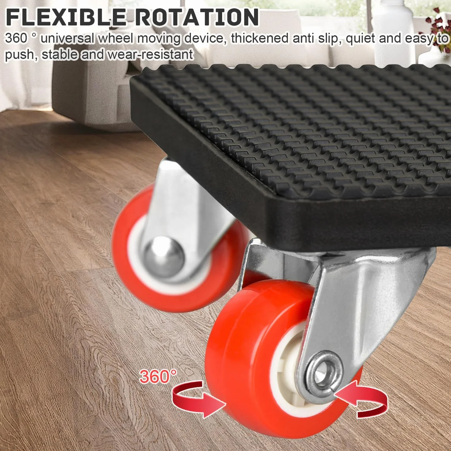 Zestaw 4 sztuk ciężkich mebli, kółka obracane o 360°, nośność 500 kg, 4 nóżki do podnoszenia i drążki przedłużające, do transportu ciężkich towarów i mebli (czarny)