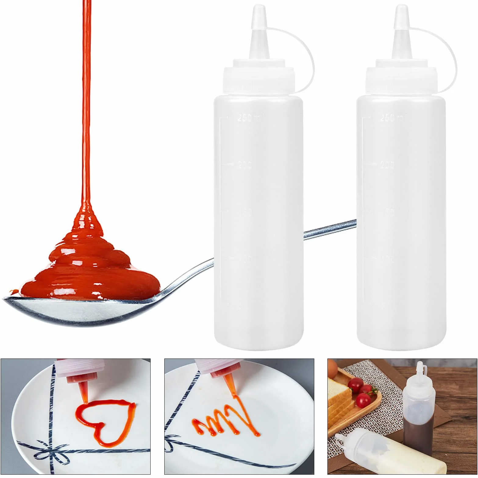 Plastikowe butelki do wyciskania 250 ml do malowania, pieczenia, sosu, oliwy z oliwek z zatyczkami zabezpieczającymi przed wyciekaniem