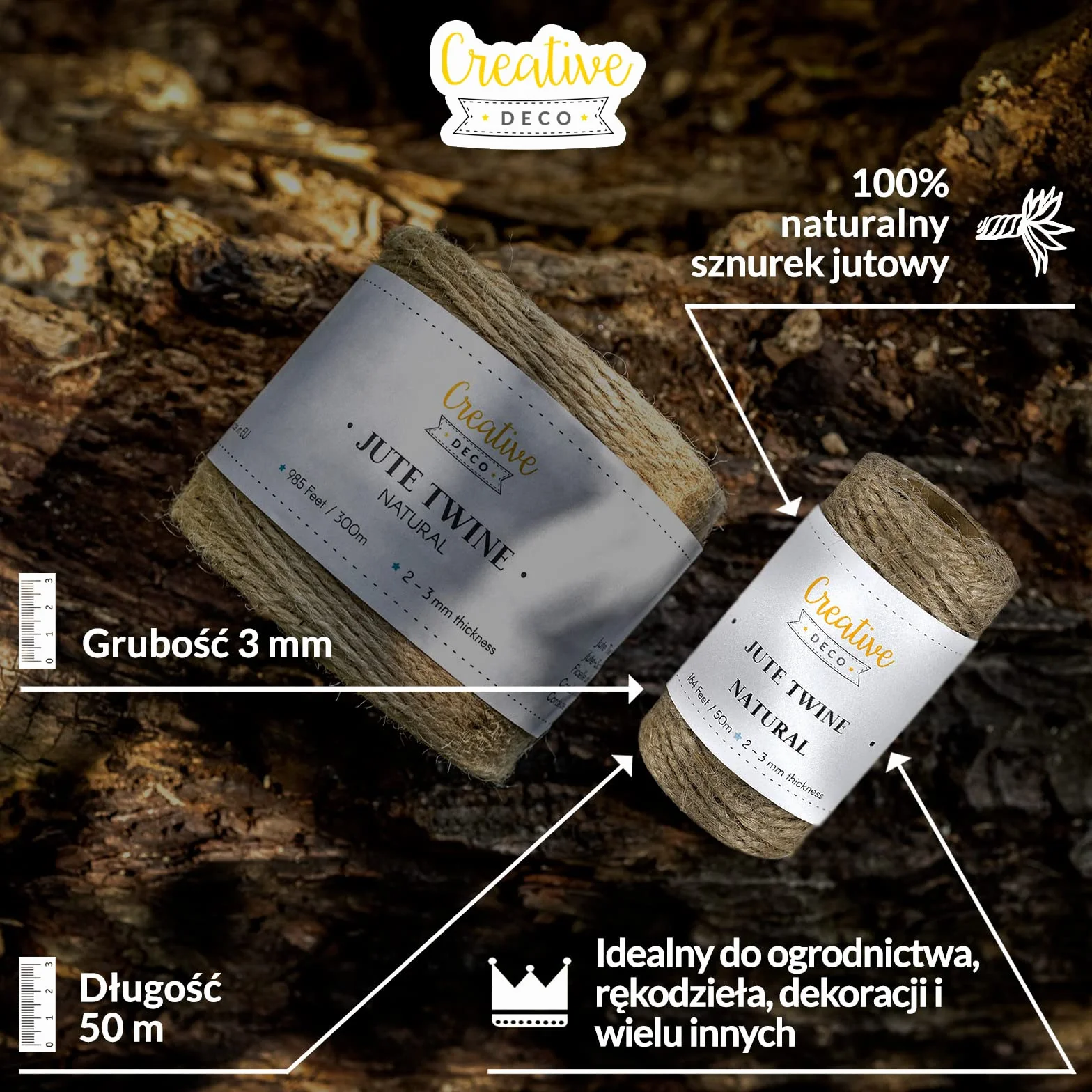 Creative Deco Naturalny Sznurek Jutowy Brązowy 2-3 mm | 50m | Mocny Sznurek Skręcony z 3 Nici | Idealny do Dekoracji, Prac Artystycznych, Rękodzieła, Pakowania Prezentów, do Kwiatów