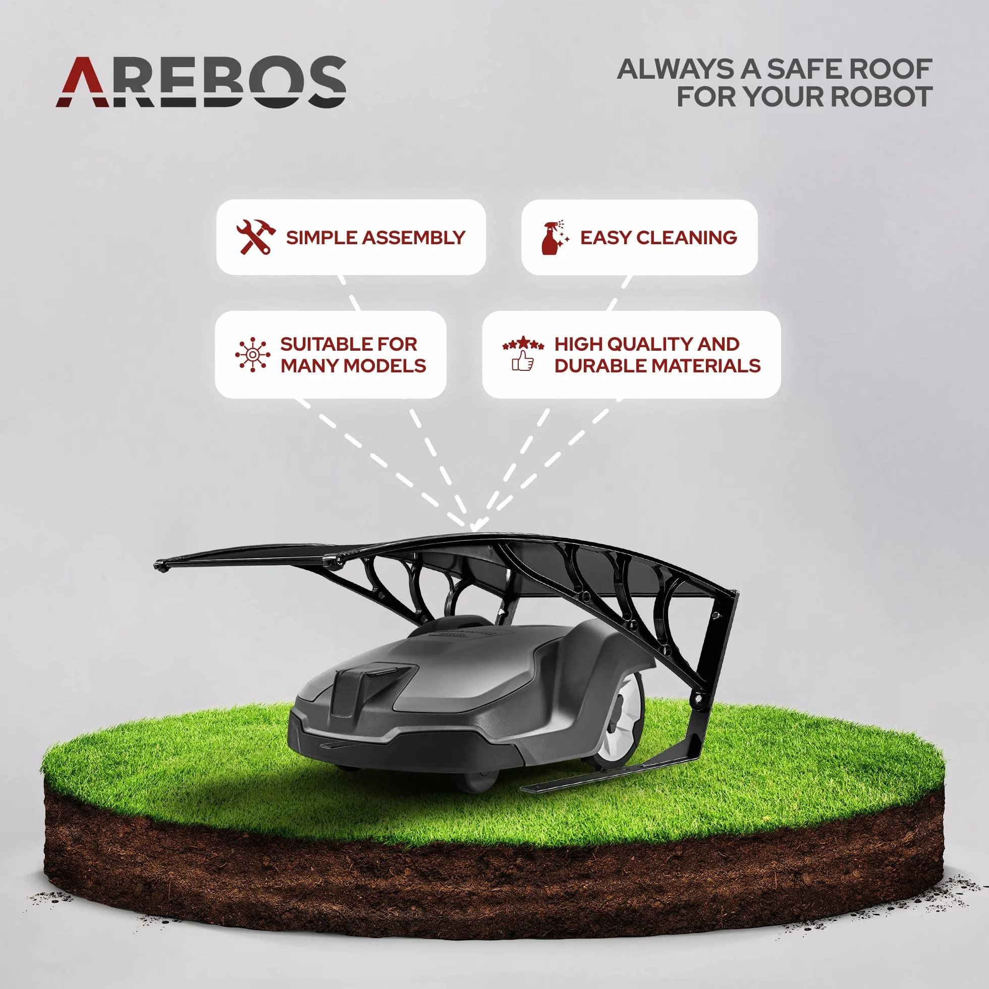 Arebos Garaż dla robota koszącego, wiata, daszek, 102 x 79 x 46 cm, odporny na działanie warunków atmosferycznych + ochrona przed promieniowaniem UV, metalowe nóżki materiały montażowe, czarny