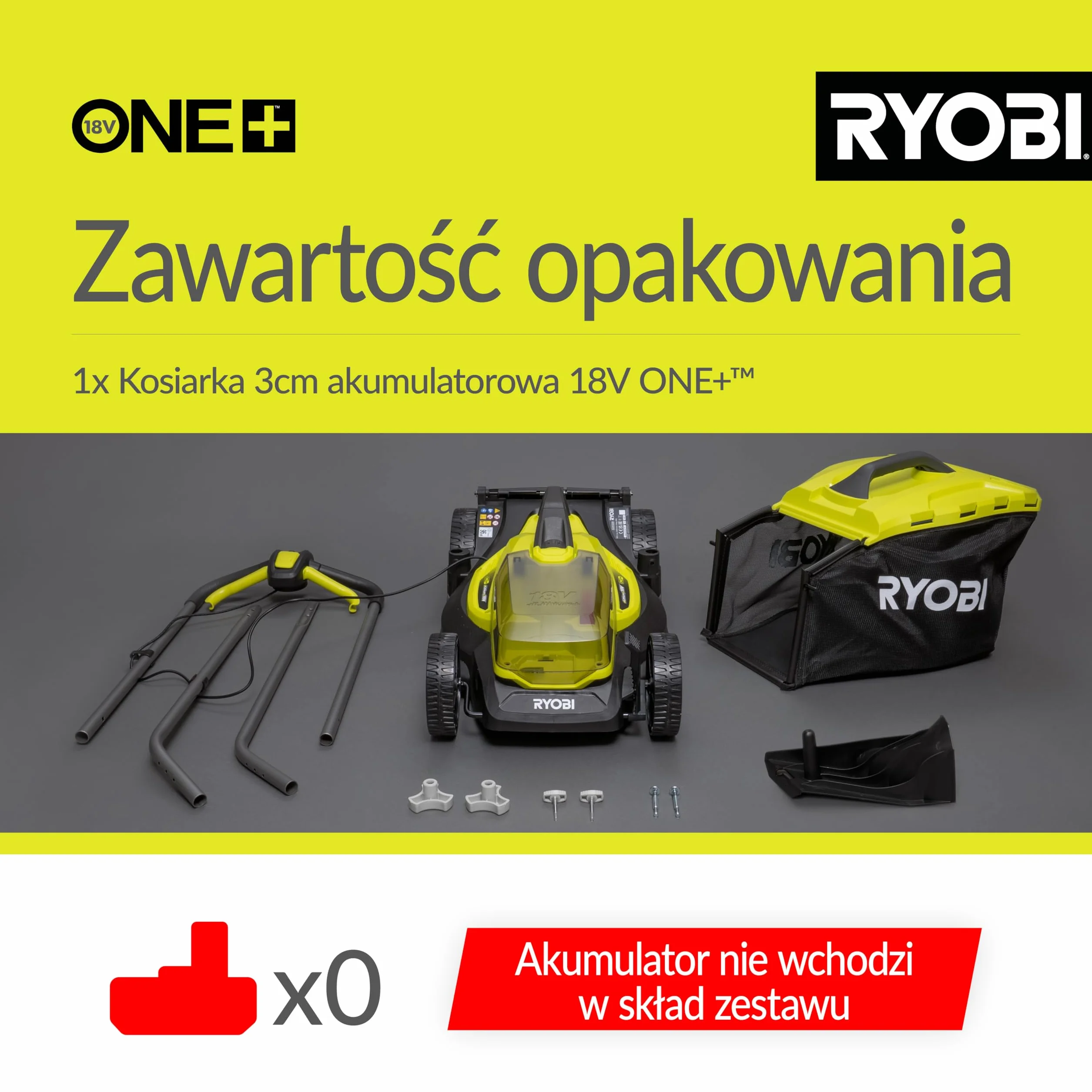 Ryobi Bezprzewodowa Kosiarka 18 V, OLM1833B, Szerokość Koszenia 33 cm, 5-Stopniowa Regulacja Wysokości Koszenia, od 25 mm do 65 mm, Kosz na Trawę 35 L, Wersja bez Akumulatora i Ładowarki