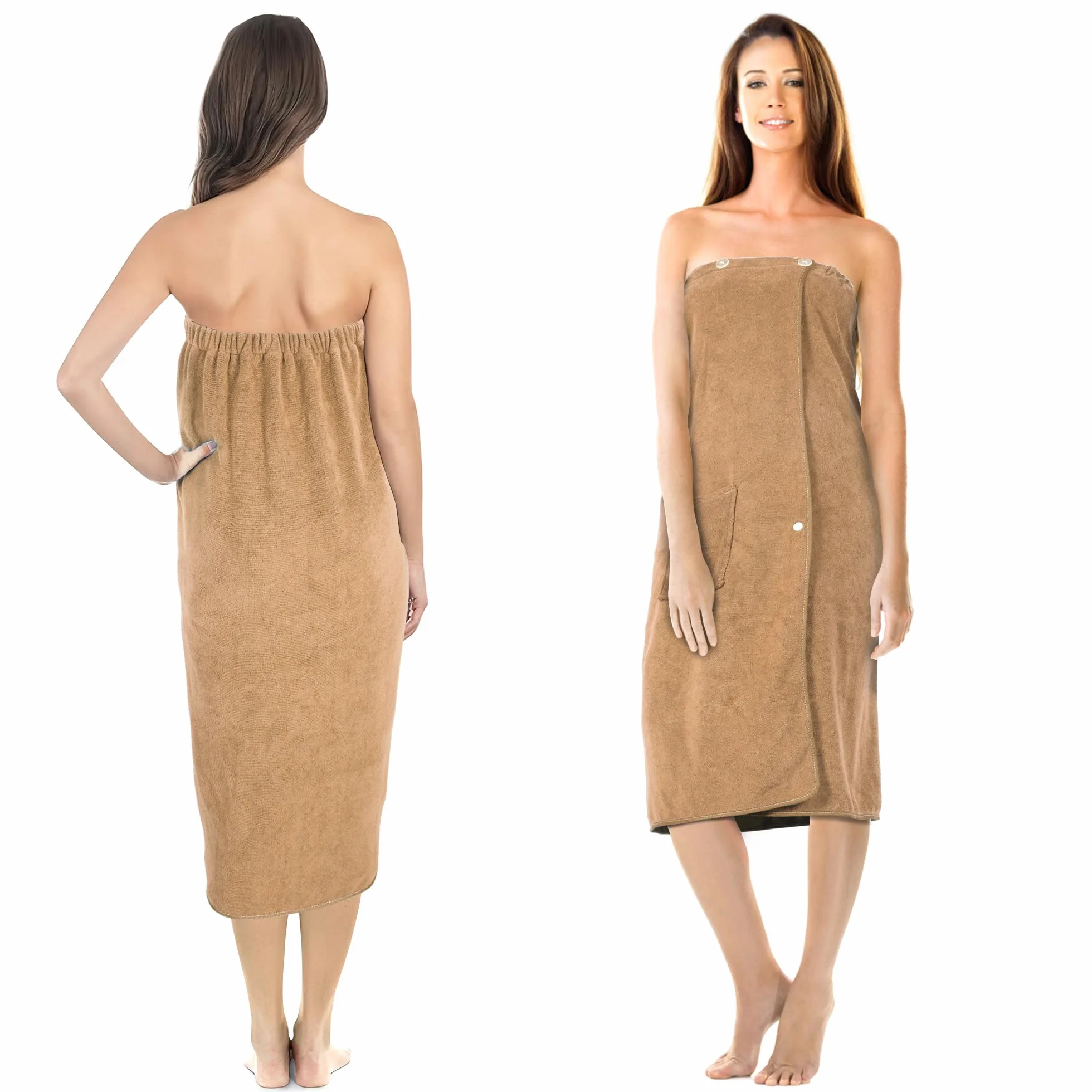 Damski kilt do sauny, ręcznik do sauny z guzikami – damski ręcznik do sauny z mikrofibry 400 g/m², z kieszeniami i gumową taśmą, sukienka na ręczniki damskie, nadaje się do sauny (wielbłąd)
