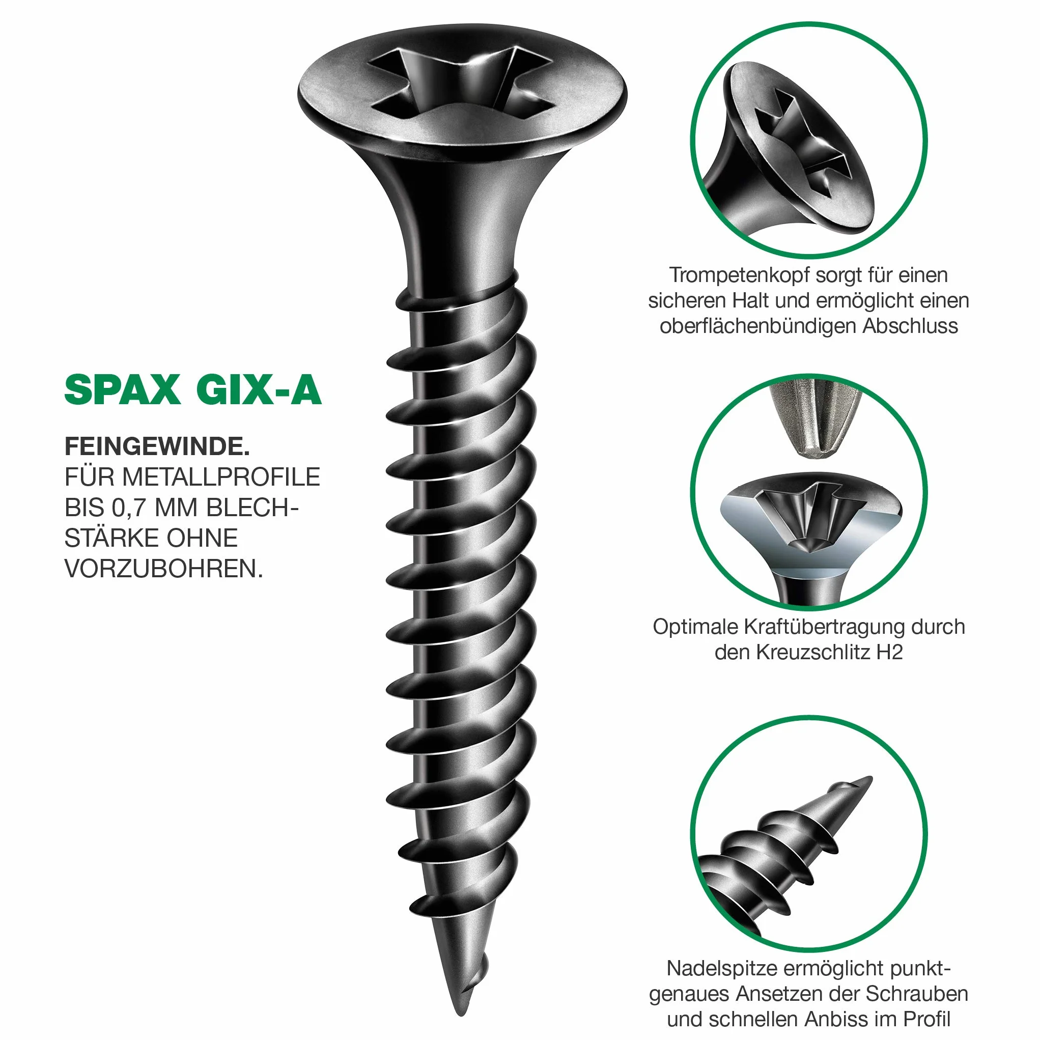 SPAX GIX-A wkręty do szybkiego montażu 3,9 x 45 mm, gwint drobny, 500 sztuk, łeb trąbki, z rowkiem krzyżowym H2, śruby do płyt gipsowo-kartonowych na metalowym stojaku – 1091170390455