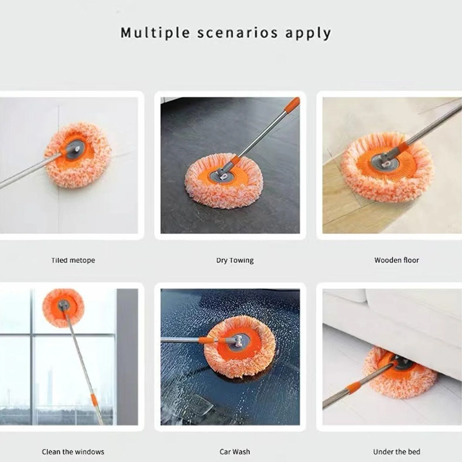 Mop Do Czyszczenia Z Możliwością Obrotu O 360° I Długą Rączką, Wielofunkcyjny, Do Czyszczenia Domu, Na Ścianę, Sufit, Okno, Podłogę(Orange,1.5m)