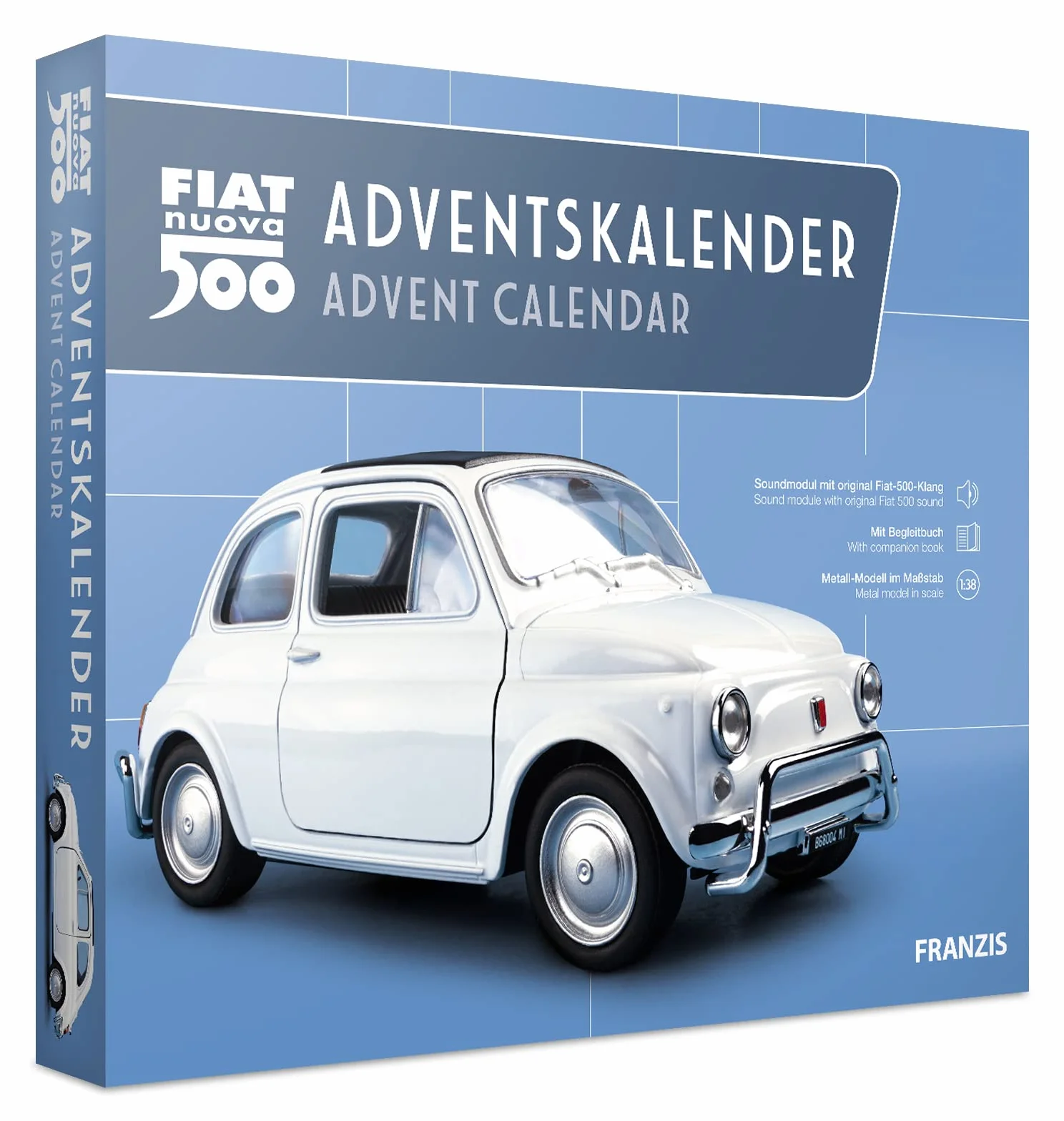 Franzis 67168 Kalendarz adwentowy Fiata 500, metalowy model w skali 1:38, zawiera moduł dźwiękowy i 52-stronicową książkę z dodatkami
