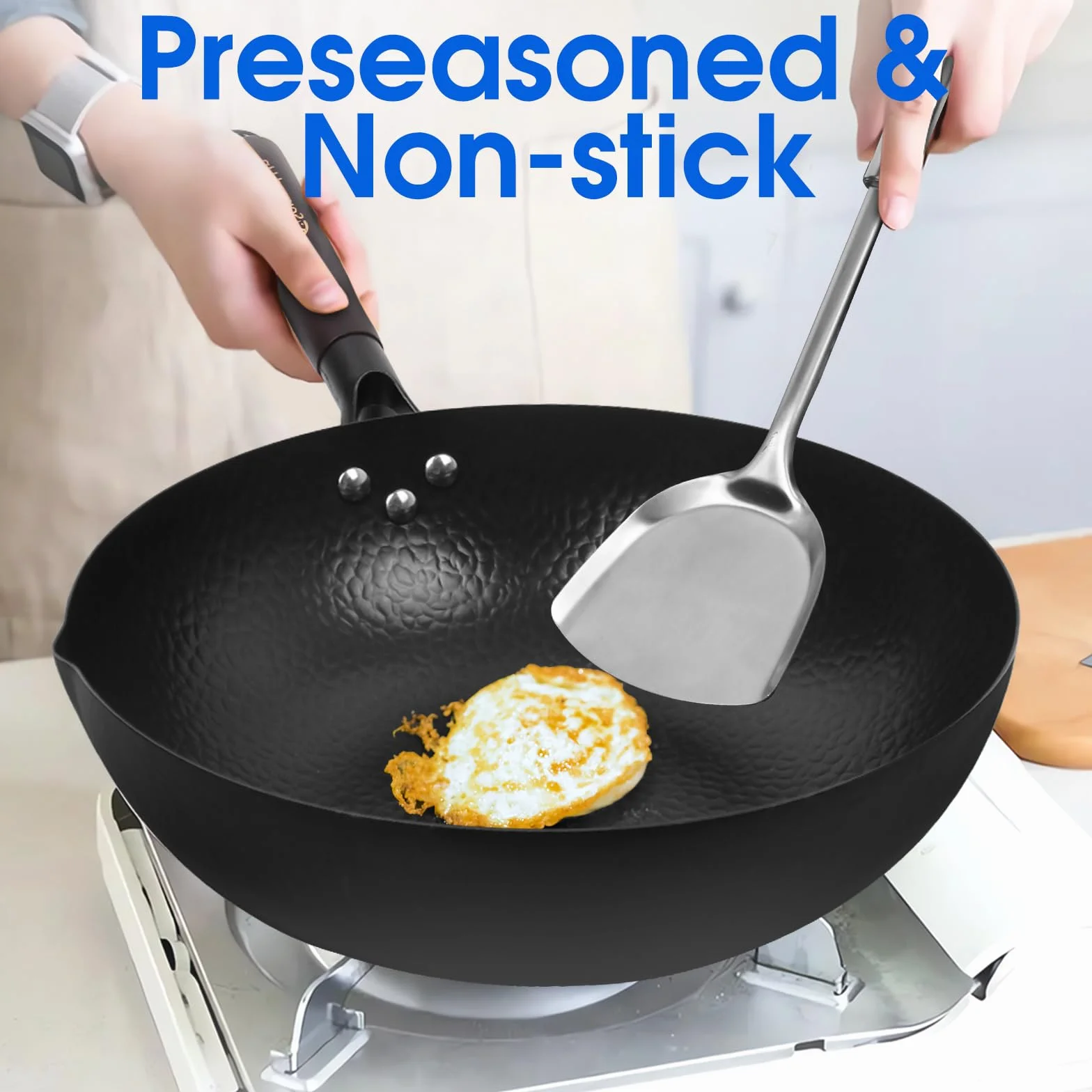 Souped Up Recipes Patelnia typu wok 34 cm/7 l, chińska patelnia ze stali węglowej, do kuchenek elektrycznych, indukcyjnych, kuchenek gazowych (pokrywka, szpatułka i instrukcja obsługi w zestawie)