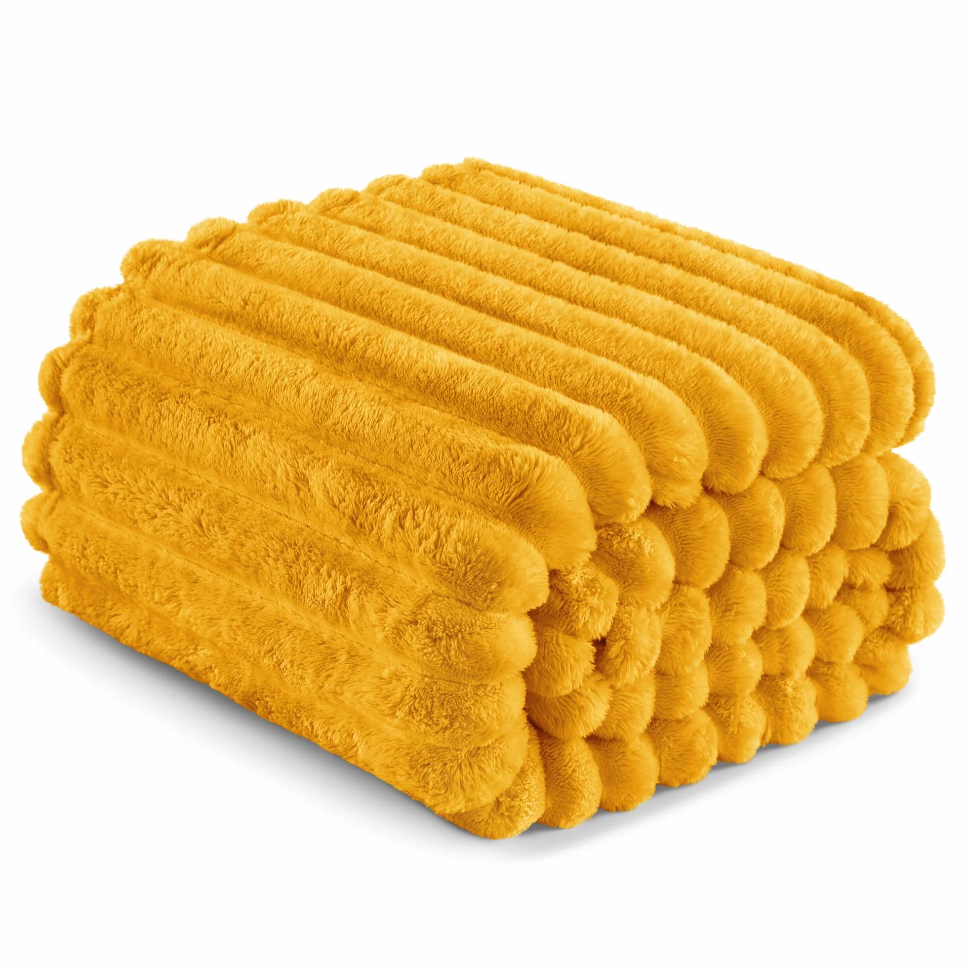 Exclusivo Mezcla Flanelowy koc polarowy w rozmiarze queen size, super miękki żakardowy koc w paski, lekki, puszysty, przytulny na każdą porę roku, 230 x 230 cm, musztardowy żółty koc