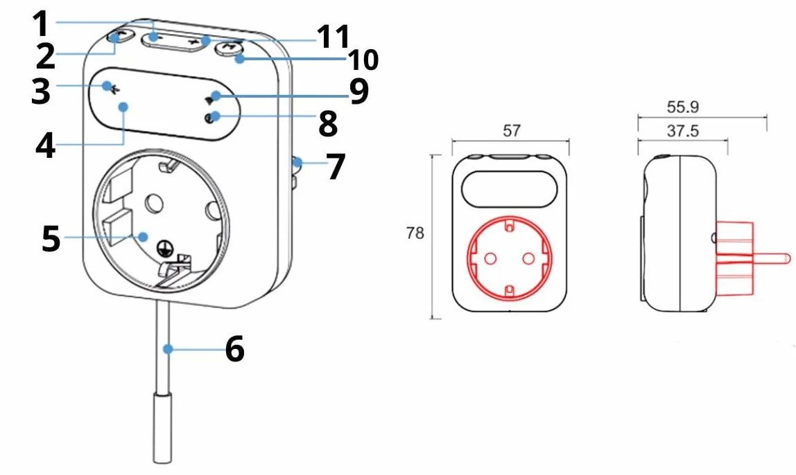 Inteligentne gniazdko termostat Wifi 16A dwa sensory wyświetlacz LED