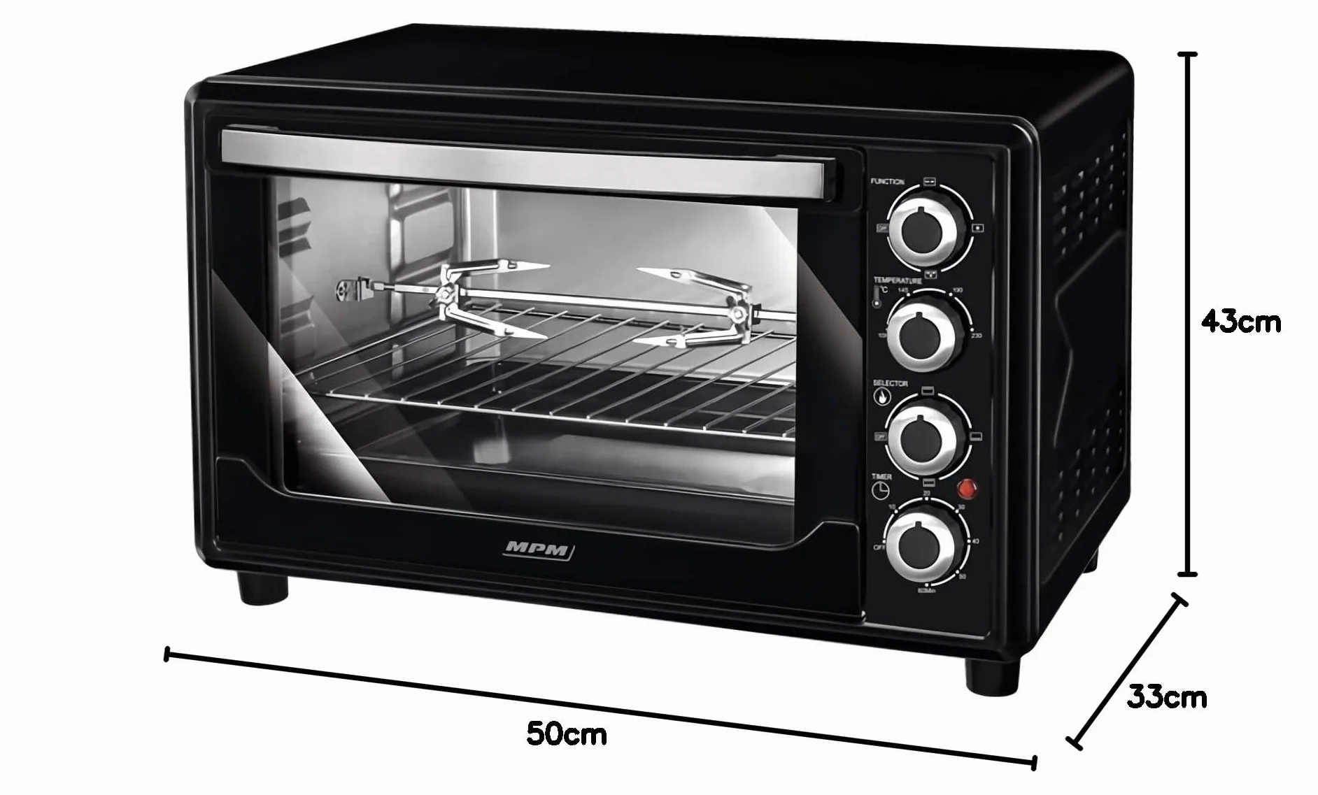 MPM MPE-07/T Piekarnik elektryczny, Termoobieg, Pojemność 45 l, Regulacja Temperatury (od 100 do 230°C), Czasomierz 60 minut, Rożen do Kurczaka,Obudowa ze Stali Nierdzewnej w Kolorze Czarnym, 2000W
