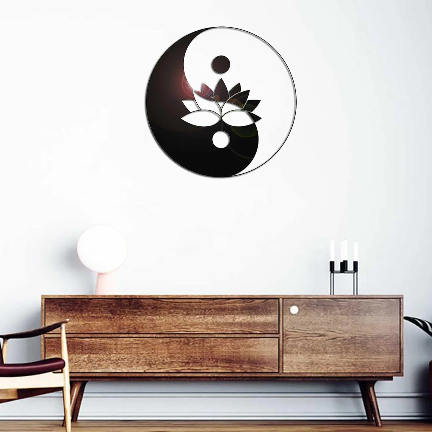 Dekoracja ścienna, metalowa sztuka ścienna, dekoracja ścienna z symbolem kwiatu lotosu Yin Yang, sztuka medytacji zen 3D sylwetka ścienna, do dekoracji ściennej domu (23,6 cala/60 cm)(23.6IN/60CM)