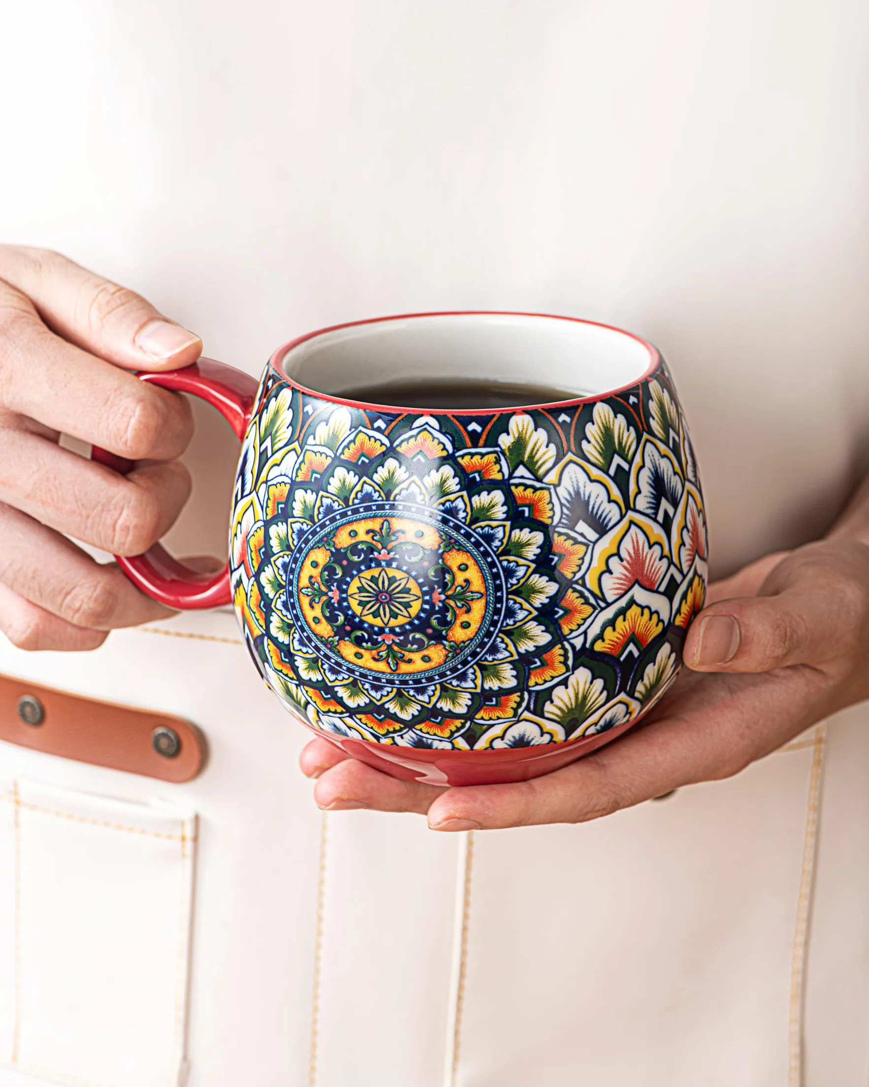 Zestaw kubków porcelanowych, ceramiczne filiżanki do cappuccino/kubki - 600ml, zastawa stołowa do 6 osób, zestaw filiżanek kawowych - styl bohemski
