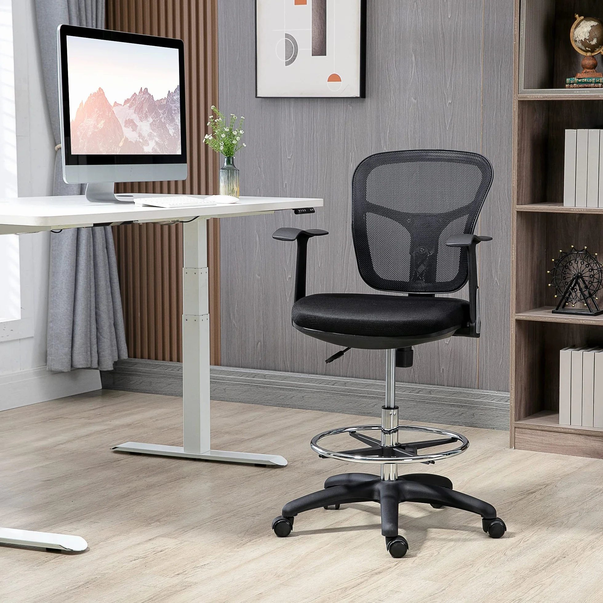 Vinsetto Krzesło biurowe, ergonomiczne krzesło kreślarskie, 95-115 cm, krzesło komputerowe z podłokietnikami, krzesło do biurka z podnóżkiem, krzesło obrotowe do biura, salonu, siatka, czarne