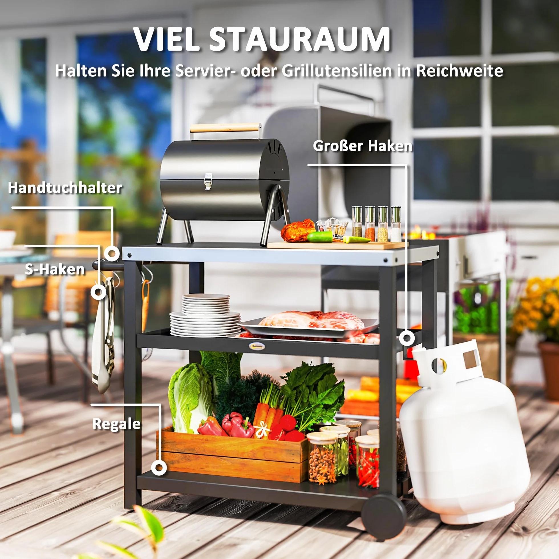 Outsunny Grill na kółkach, 3-poziomowy, wózek do serwowania z powierzchnią roboczą, półkami, hakami, kółkami, stal nierdzewna, stolik do grilla, stolik pomocniczy, wózek na kółkach do użytku na