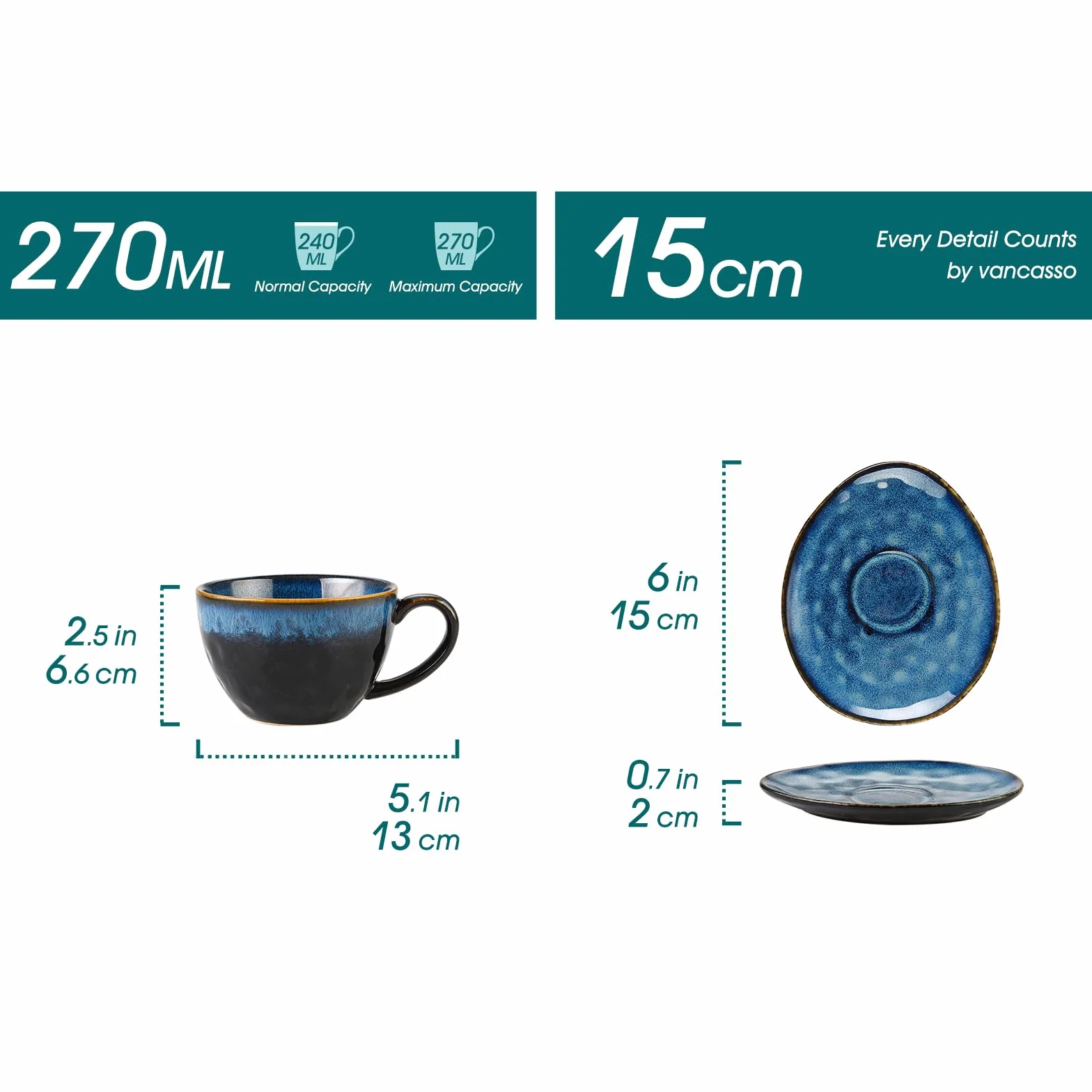 Vancasso STARRY zestaw do kawy dla 4 osób kubki i spodki 260 ml