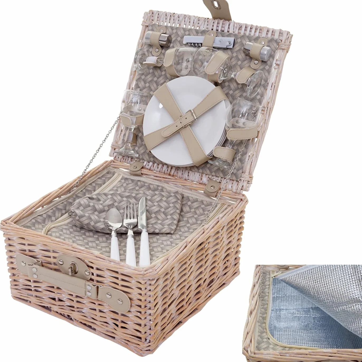 Mendler Zestaw kosza piknikowego AM dla 4 osób, torba piknikowa + komora chłodząca, porcelana, szkło, stal nierdzewna, kolor beżowy
