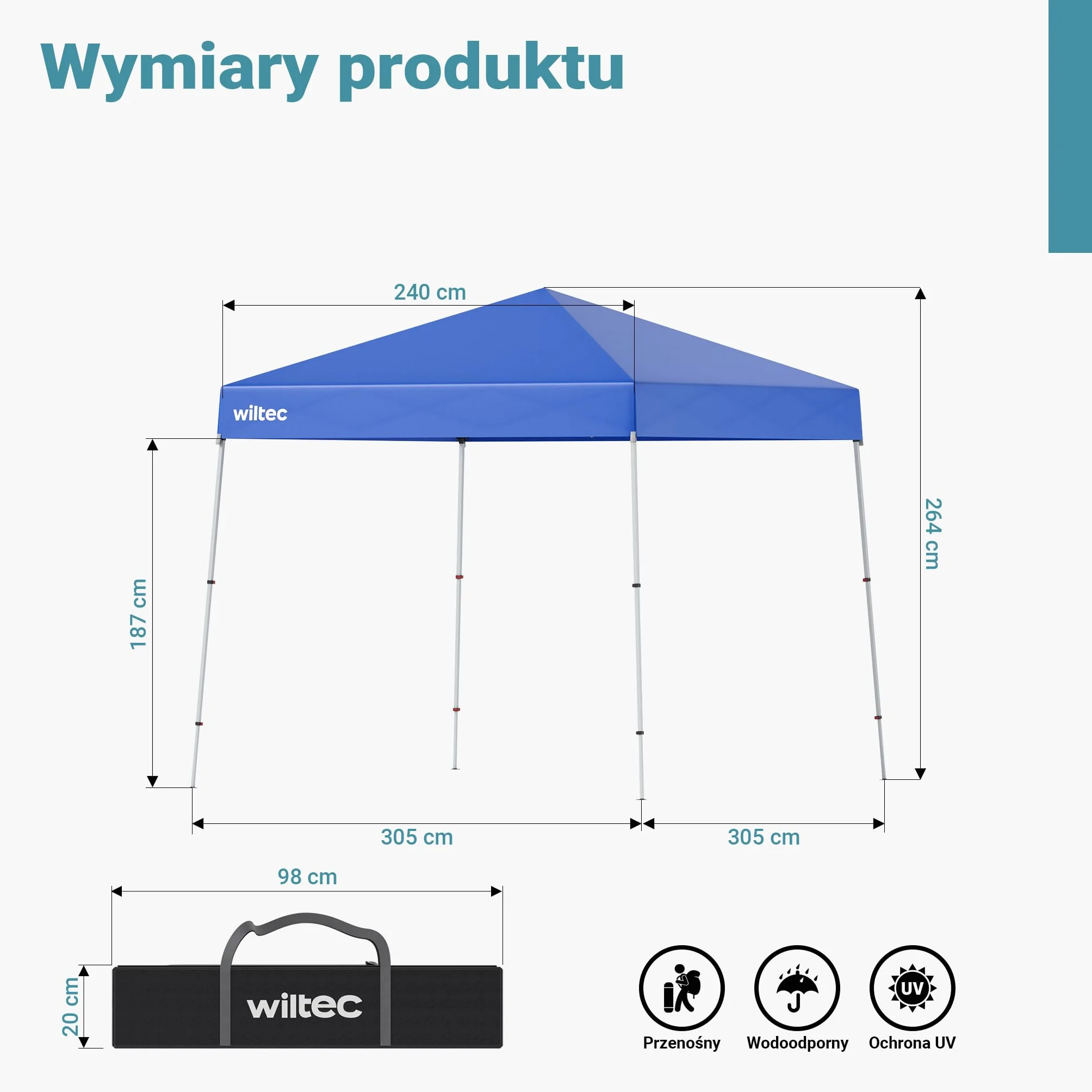 Wiltec Pawilon namiot imprezowy z zamknięciem centralnym do ogrodu wodoodporny niebieski 2,5 x 2,5 x 2,7 m