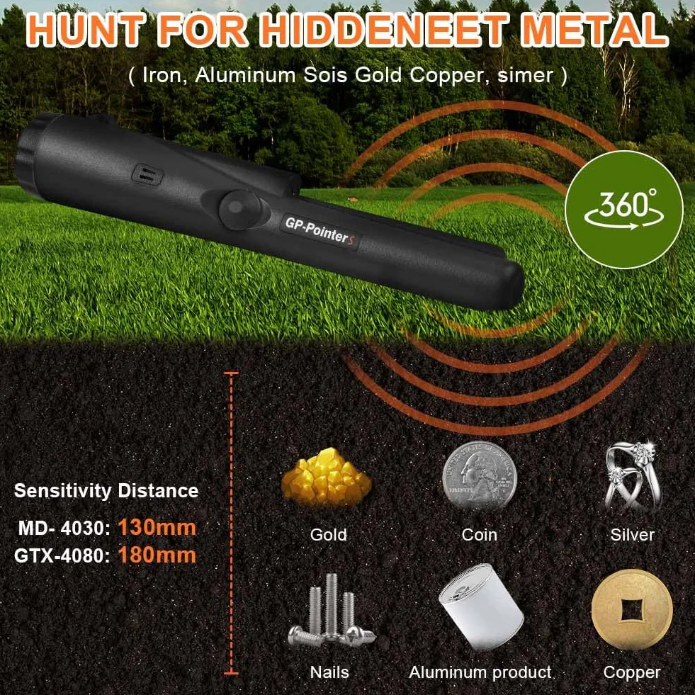 Flintronic Pinpointer, wykrywacz metalu, przenośny wykrywacz metali 360°, pinpointer, wodoodporny, ręczny wskaźnik pinpointer, z diodami LED i kaburą, narzędzie do wykrywania metali do lokalizowania