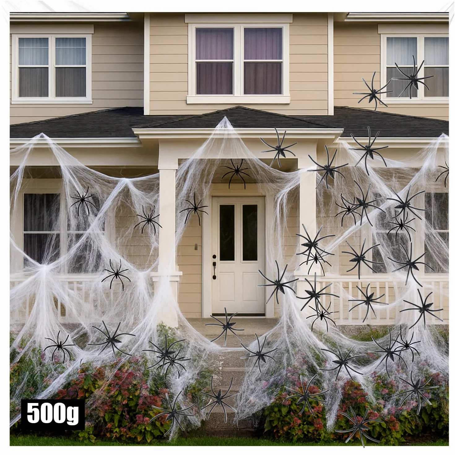 COM-FOUR® 26-czesciowy zestaw dekoracji na Halloween - rozciagliwa pajeczyna 500 g z 25 czarnymi pajakami - biala pajeczyna na Halloween, karnawal, horror lub imprezy tematyczne