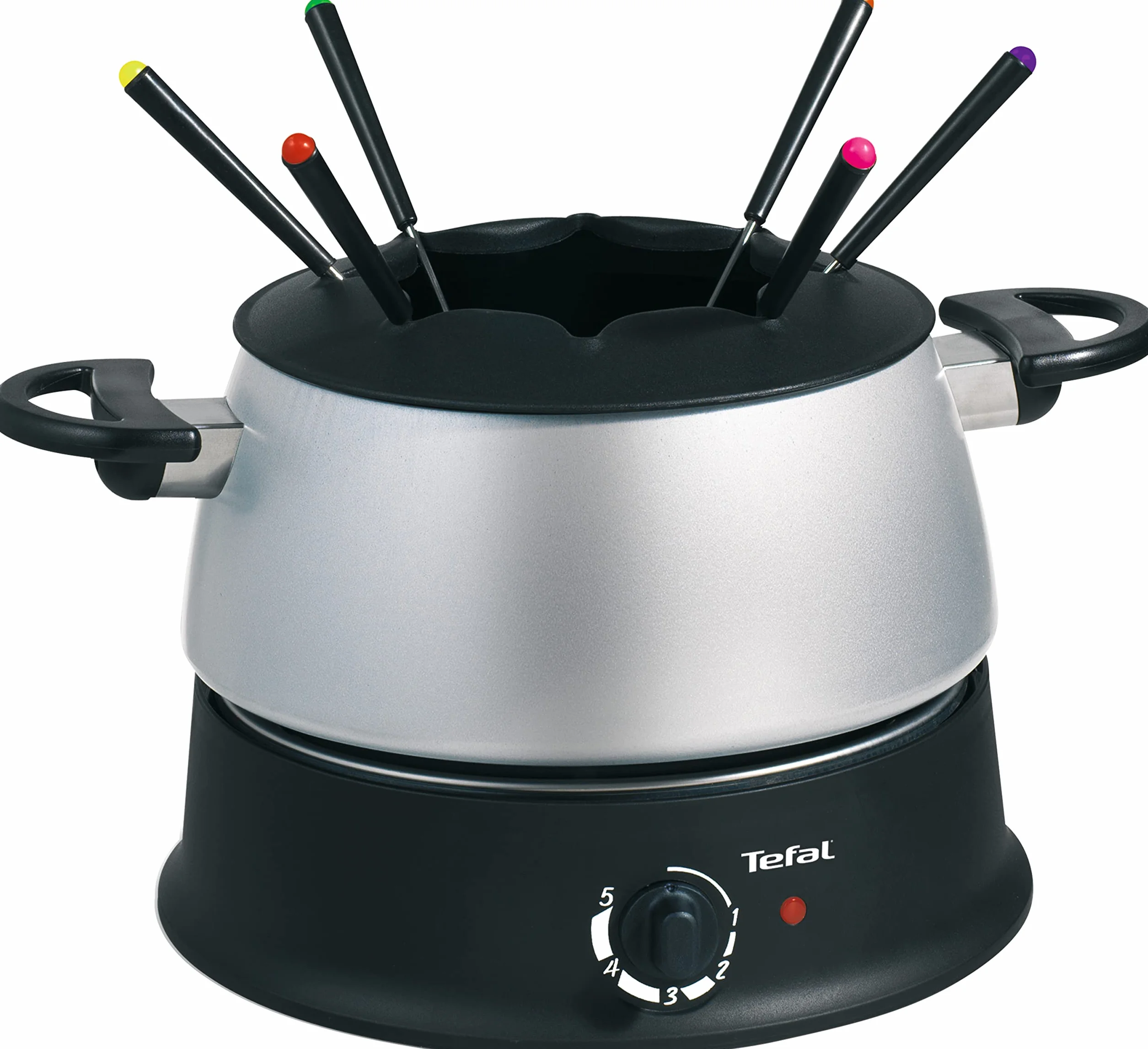 Tefal EF3000 Base Ronde | 1200 W | z 6 kolorowymi widelcami | do każdego rodzaju fondue: olej, ser, czekolady| z ochroną przed pryskaniem | regulowany termostat| łatwe czyszczenie | srebrny/czarny