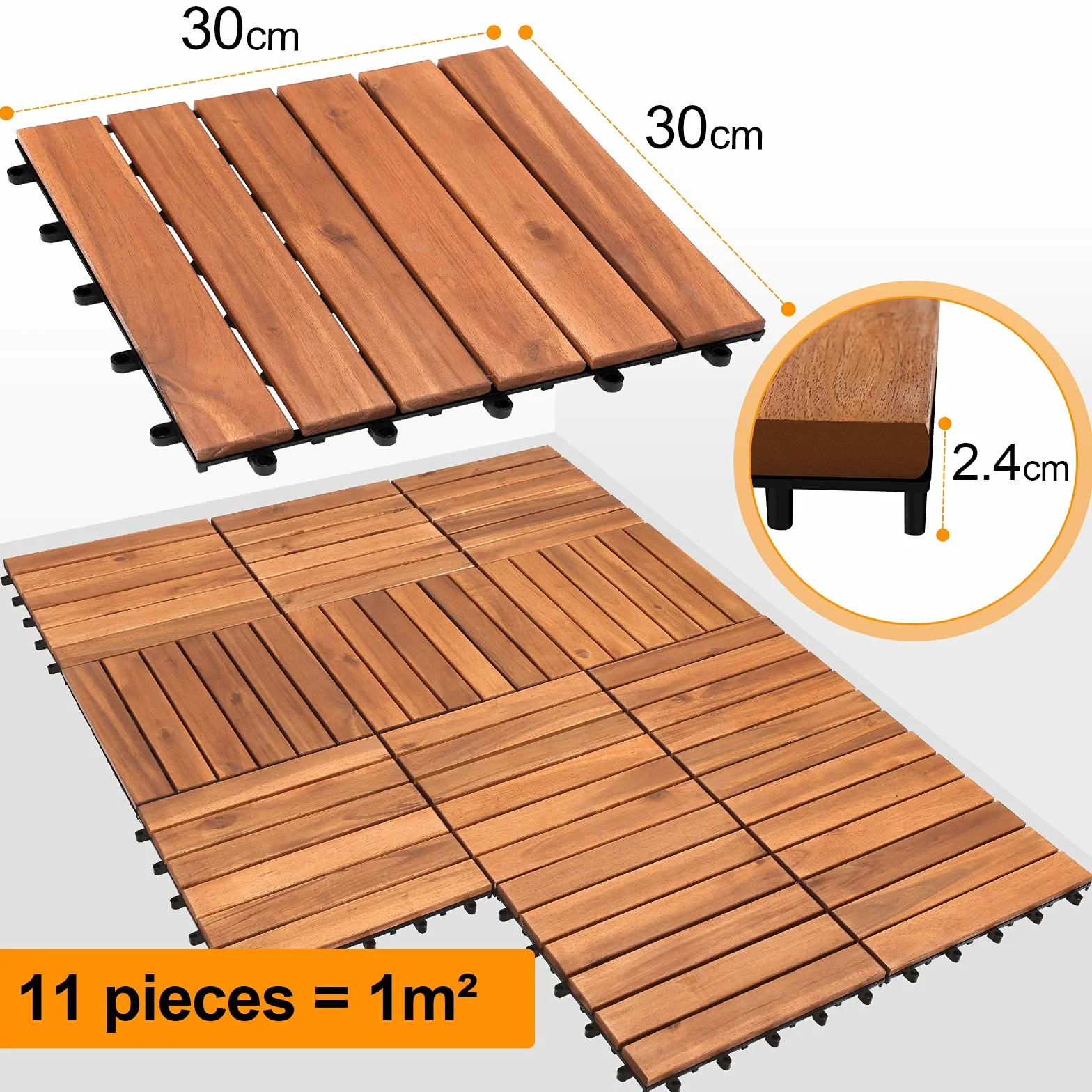 Zestaw 11 płytek drewnianych, 1 m², nadaje się jako płytki tarasowe i płytki balkonowe, z drewna akacjowego, 30 x 30 cm, do ogrodu, na taras, balkon