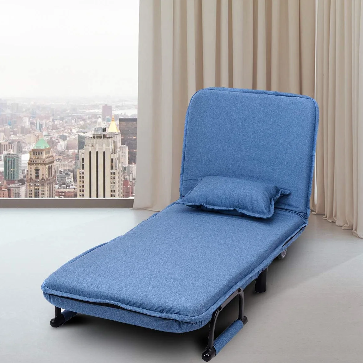 COSTWAY Fotel do spania 3 w 1 z funkcją łóżka, sofa do spania, składana, fotel składany, sofa z regulowanym oparciem, w zestawie poduszka, do sypialni, salonu, biura (niebieski)