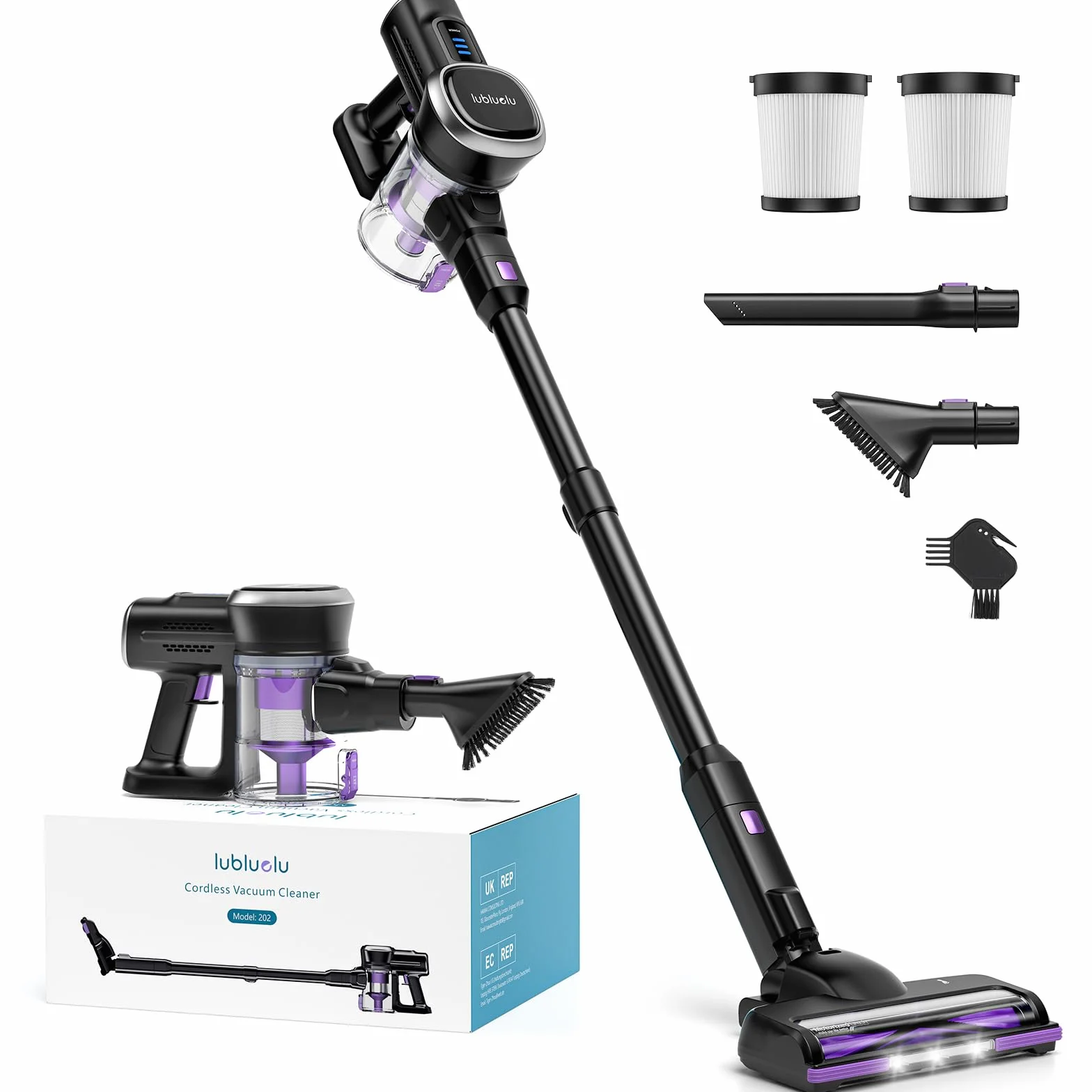Lubluelu Odkurzacz bezprzewodowy 27000pa, wydajne bezprzewodowe odkurzacze 220 W, 50 minut autonomii z szczotką zapobiegającą plątaniu i twardą podłogą, dywanami i sierścią zwierząt (fioletowo-czarny)