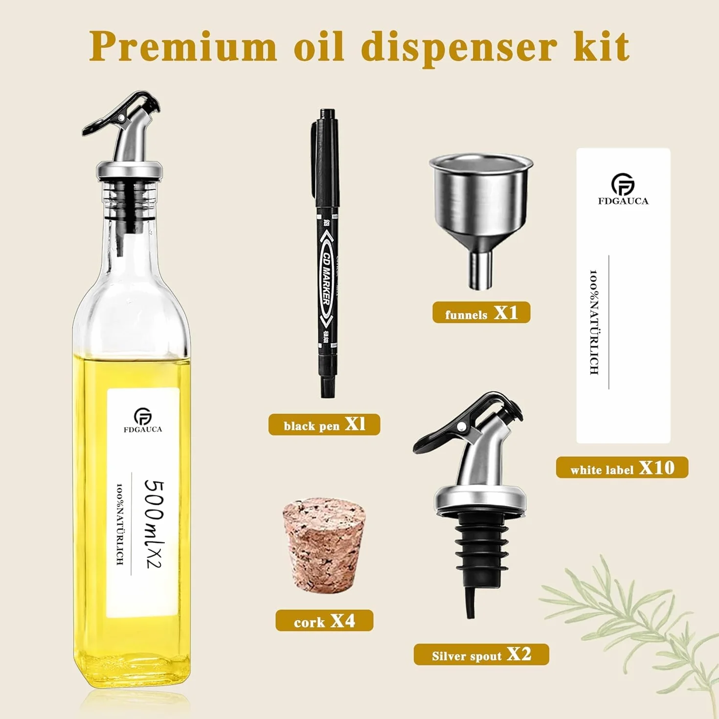 MRVNN Dozownik oleju szklany 500 ml 2 butelki z dzióbkiem srebrny butelka na oliwę z oliwek z etykietami DIY dozownik oleju i octu