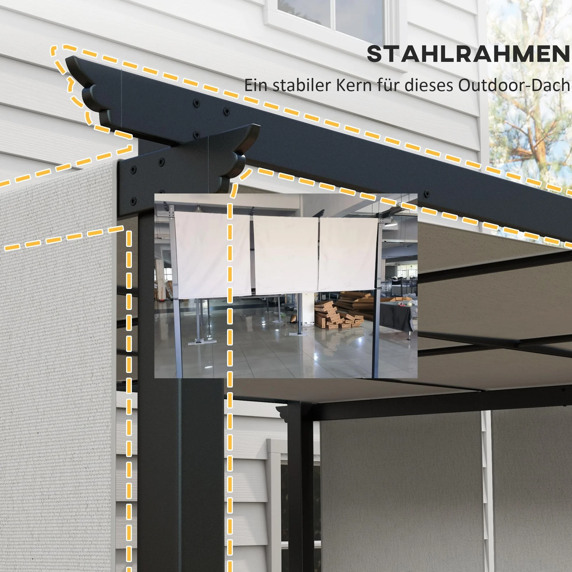 Outsunny Pergola ok. 3,5x3m Pawilon ogrodowy z regulowanym dachem, zadaszenie tarasowe, wolnostojący pawilon stalowy, ochrona przed słońcem na taras i do ogrodu, jasnoszary