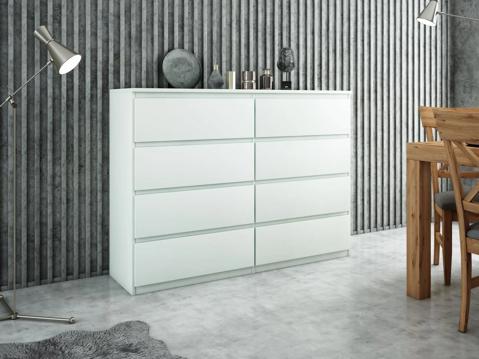meble masztalerz Komoda Biała Mat z 8 szufladami - 138,5x101,5x39 cm - Komoda do salonu, sypialni - Szafka z szufladami - Komoda z szufladami