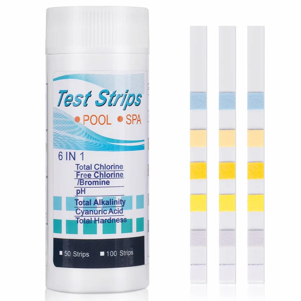Flintronic Zestaw 50 pasków testowych do kontrolowania jakości wody basenowej 6 w 1, do chloru, bromu, PH, zasadowości całkowitej, twardości, kwasu cyjanurowego, paski do spa i basenu