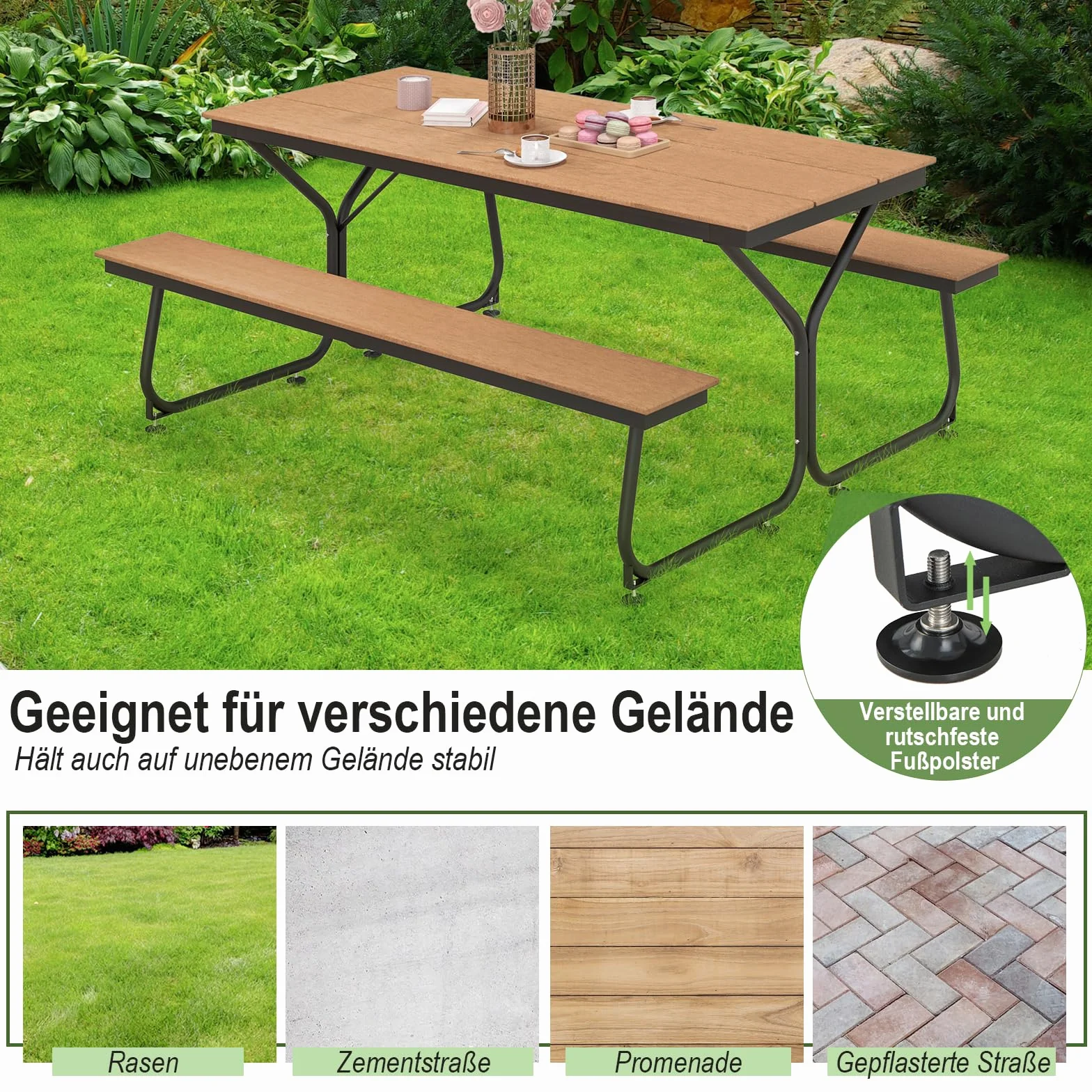 COSTWAY Zestaw do namiotu piwnego 183 cm, stół piwny o wyglądzie drewna, stół piwny z blatem HDPE, otworem na parasol i metalową ramą, zestaw mebli do siedzenia do ogrodu, na taras, podwórko (brązowy)