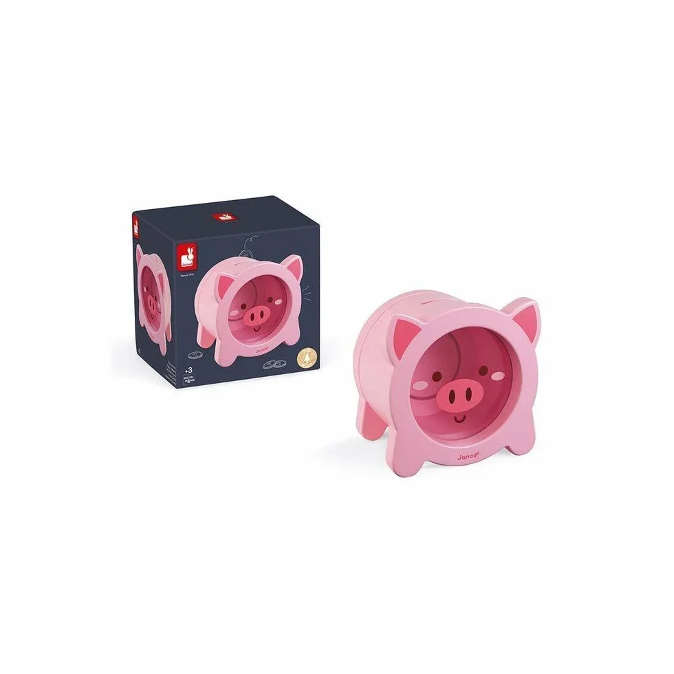 Janod - Wooden Children’s Piggy Bank 5.9 inch - See-Through Side and Magnetic Opening - Children's Room Decoration - Suitable for Ages 3 and Up, J04653
