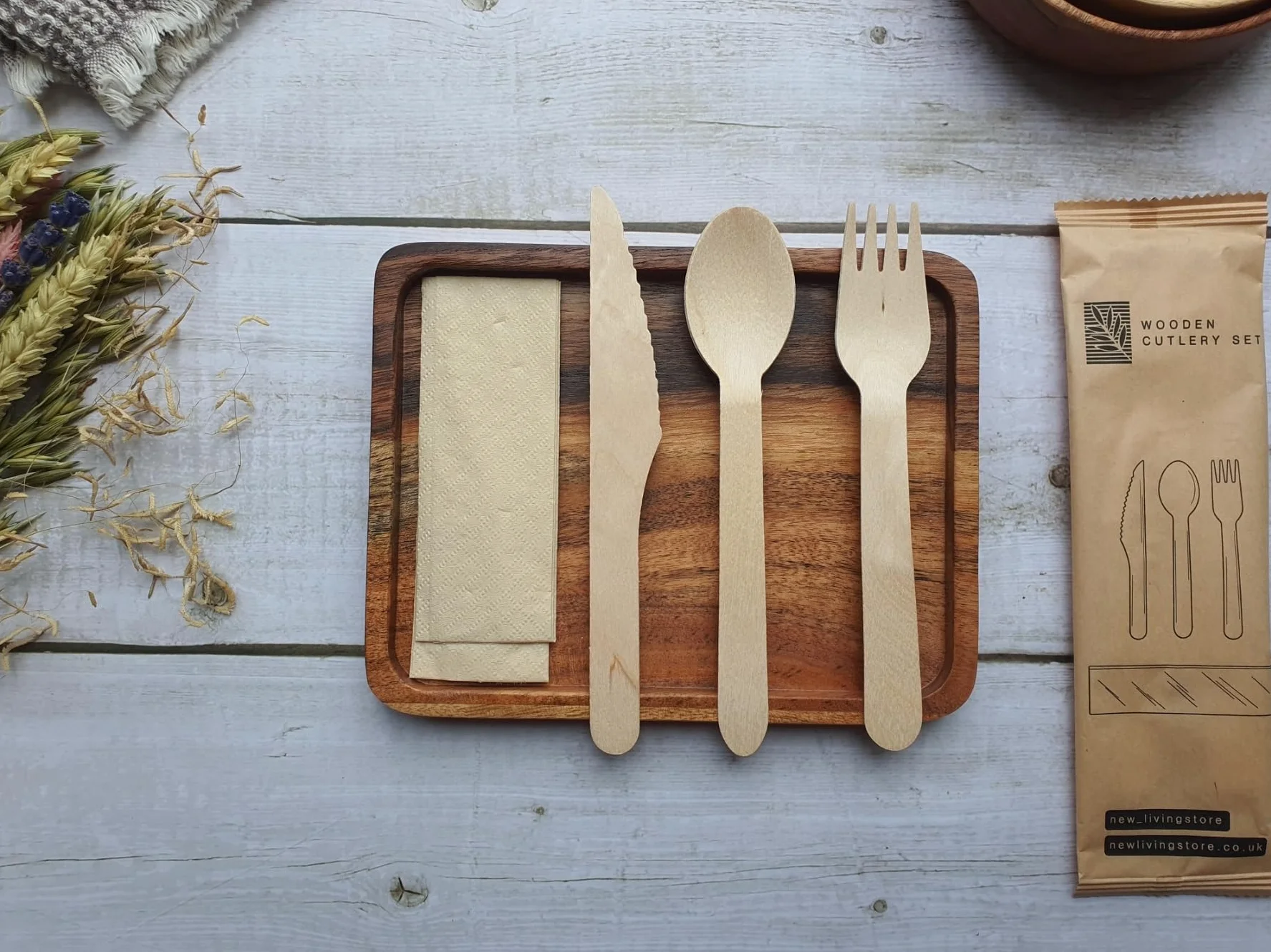 Drewniane zestawy jednorazowych sztućców, 16 cm, Kinife, widelec, łyżka i zestaw chusteczek, pakowane pojedynczo | 16 cm | sztućce piknikowe lub weselne, przyjazne dla środowiska, biodegradowalne