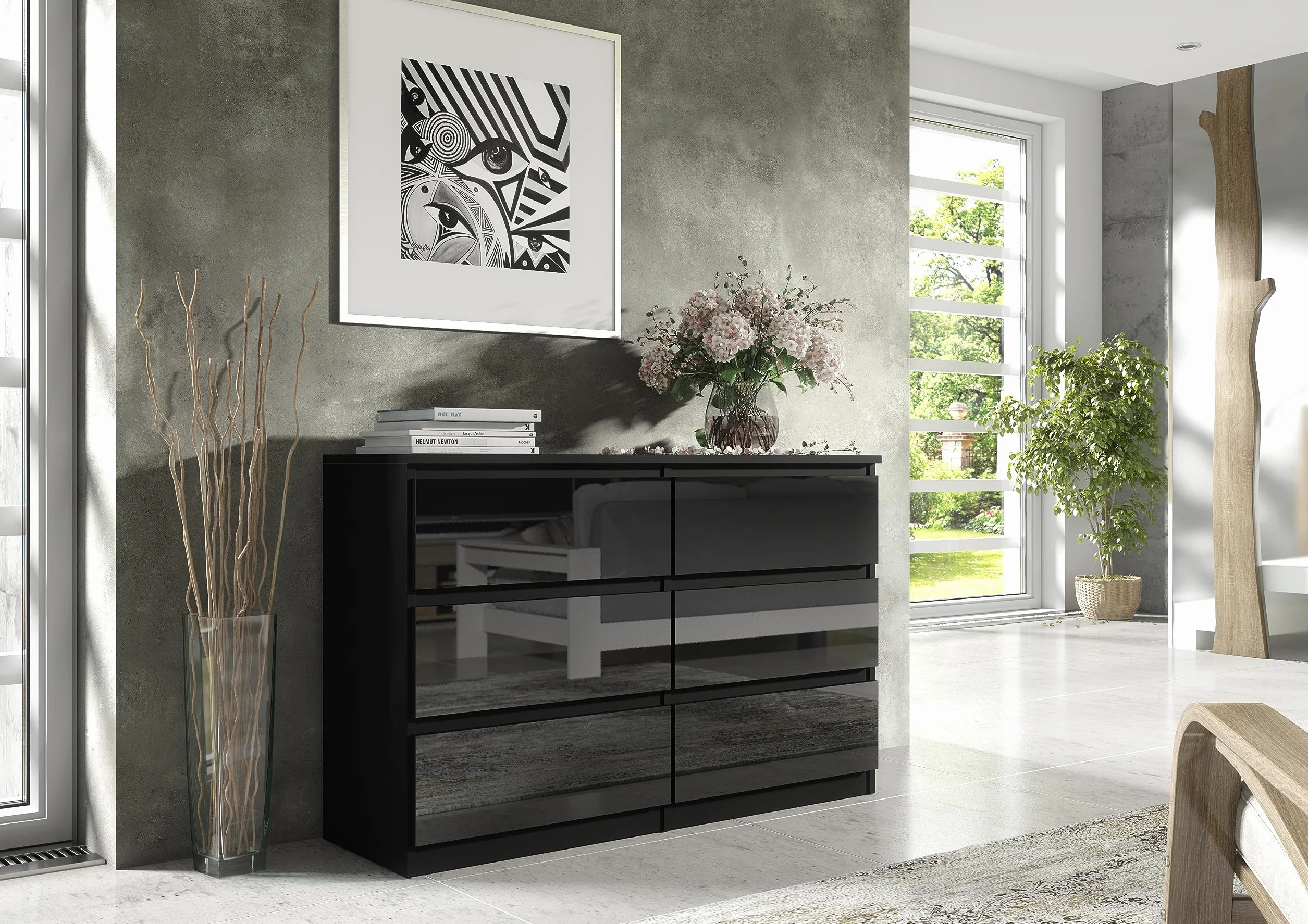 meble masztalerz Komoda Czarna z 6 szufladami - Fronty w połysku - 138,5x78,5x39 cm - Komoda do salonu, sypialni - Szafka z szufladami - Komoda z szufladami